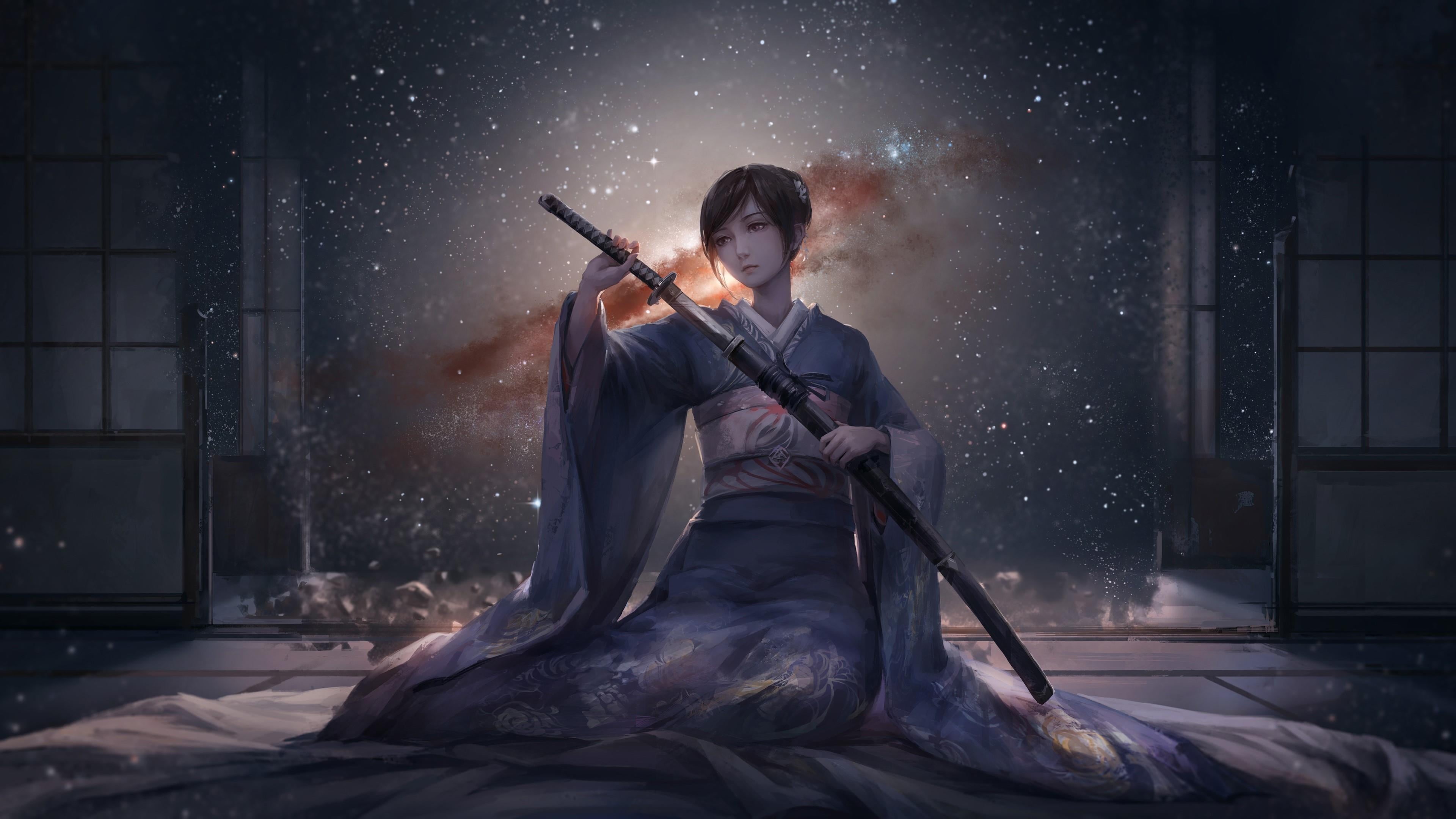 milky way, artist, young men, illustration, kimono, nature, stars, sitting, clothing, holding, darkness, winter, room, adult, one person, sword, musician, HD Wallpaper
