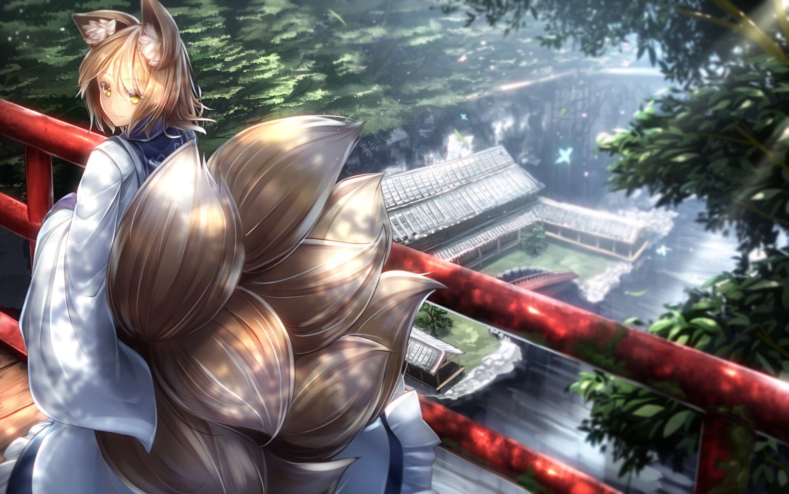 hair, anime, 720P, hairstyle, three quarter length, Touhou, inumimi, fox girl, lifestyles, animal ears, rear view, adult, sunlight, day, women, one person, HD Wallpaper
