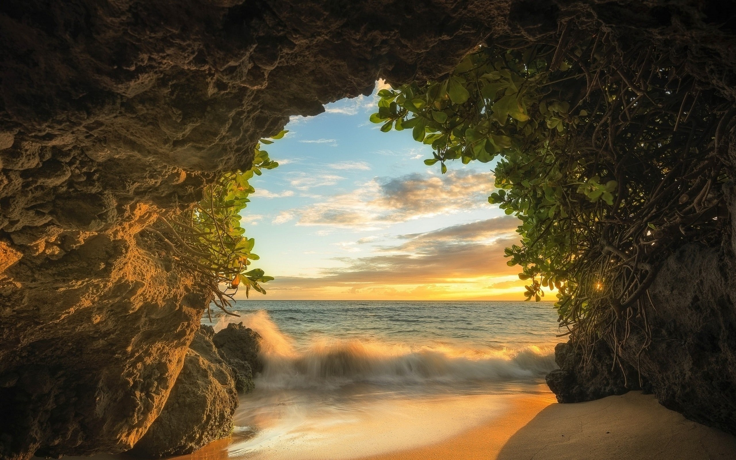 coast, sea, horizon, cave, 2K, sunset, HD Wallpaper
