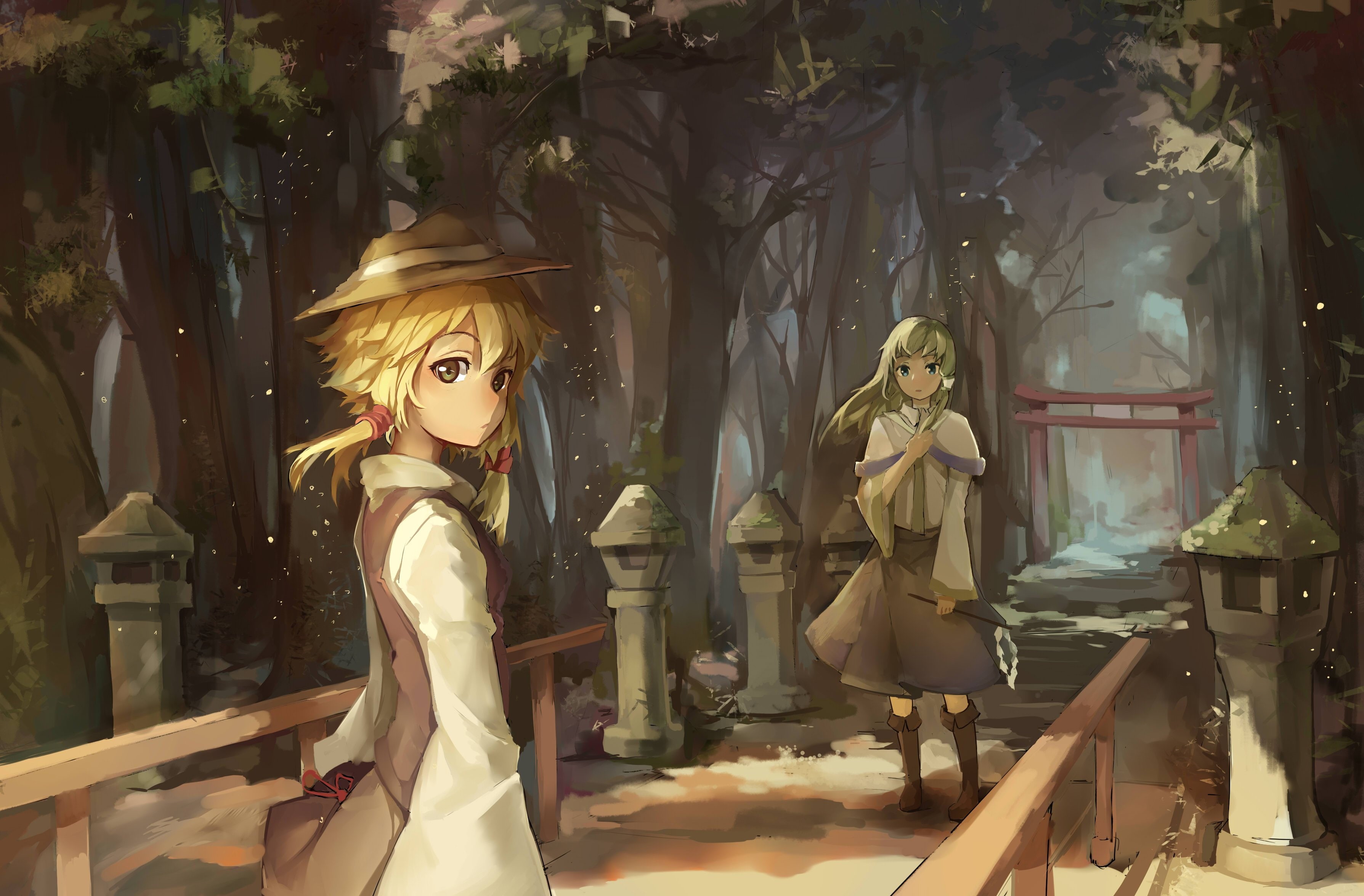 2K, forest, moriya, sanae, tree, skirt, hat, touhou, hair, short, blue, suwako, boots, eyes, kochiya, torii, green, blonde, miko, girls, long, HD Wallpaper