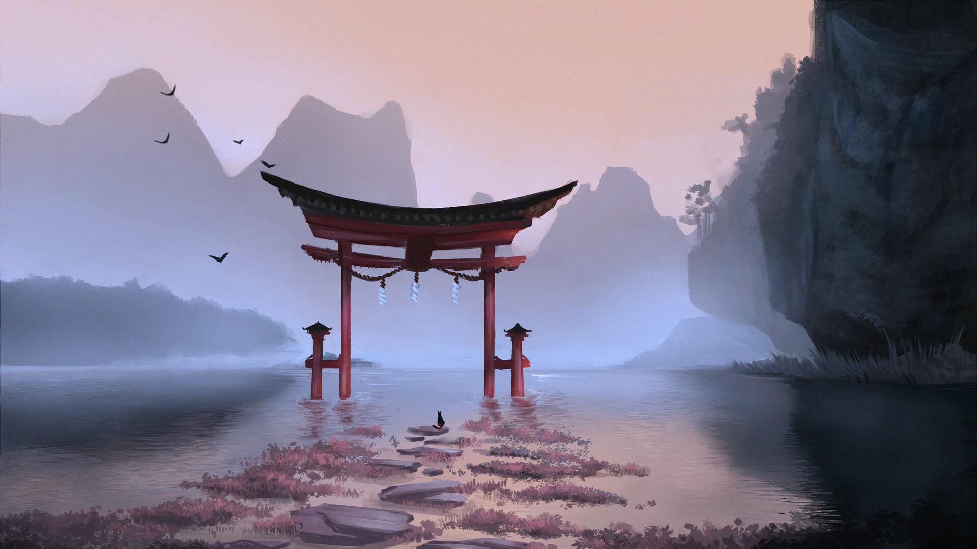 torii, cats, 1080P, lake, Laura Ortega, landscape, anime, HD Wallpaper