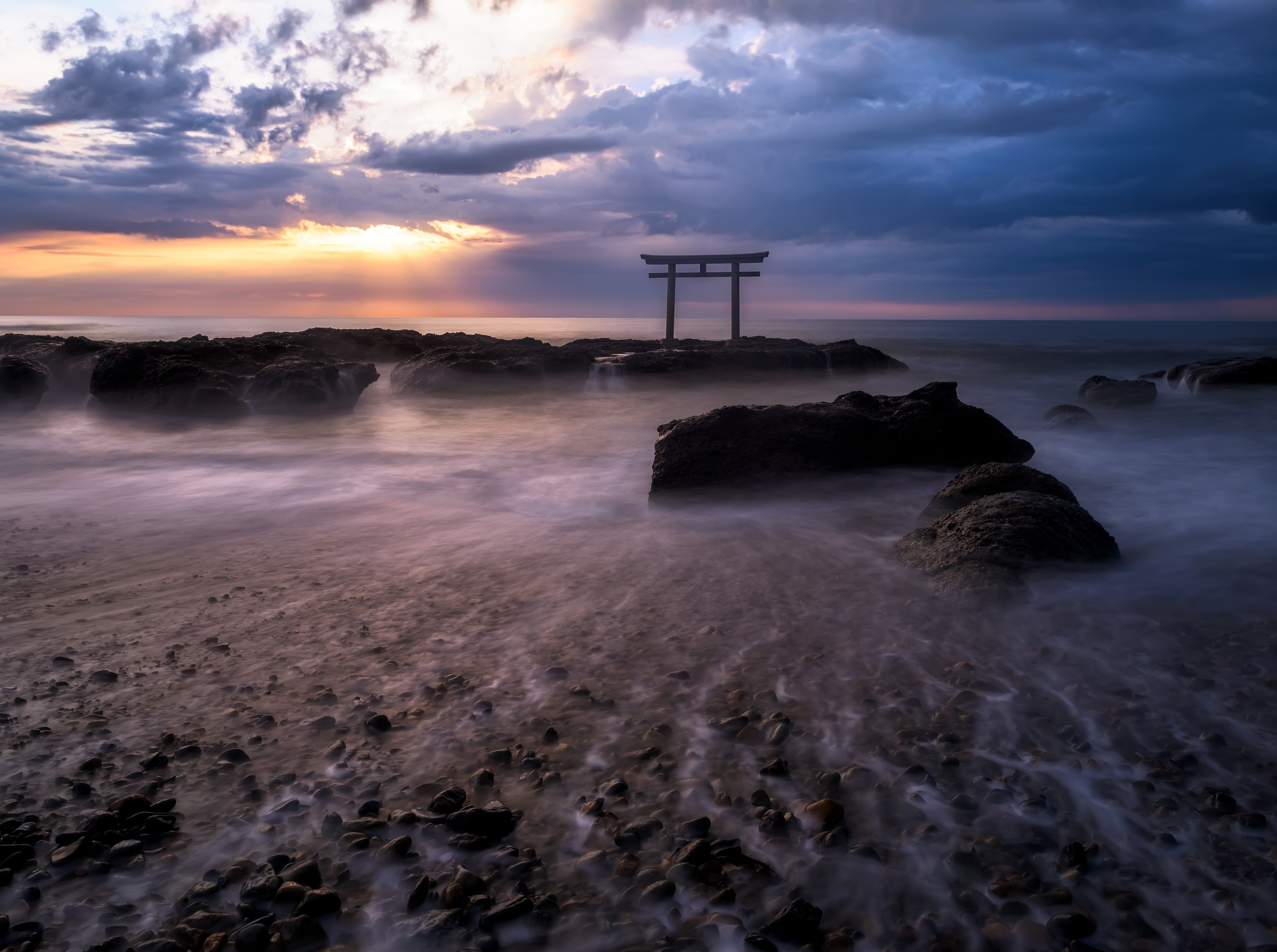 Rocks, ibaraki, Torii, land, higashiibaraki, Japan, Sunrise, Morning, built structure, higashiibarakidistrict, tranquil scene, District, Waves, oarai, tranquility, HD Wallpaper