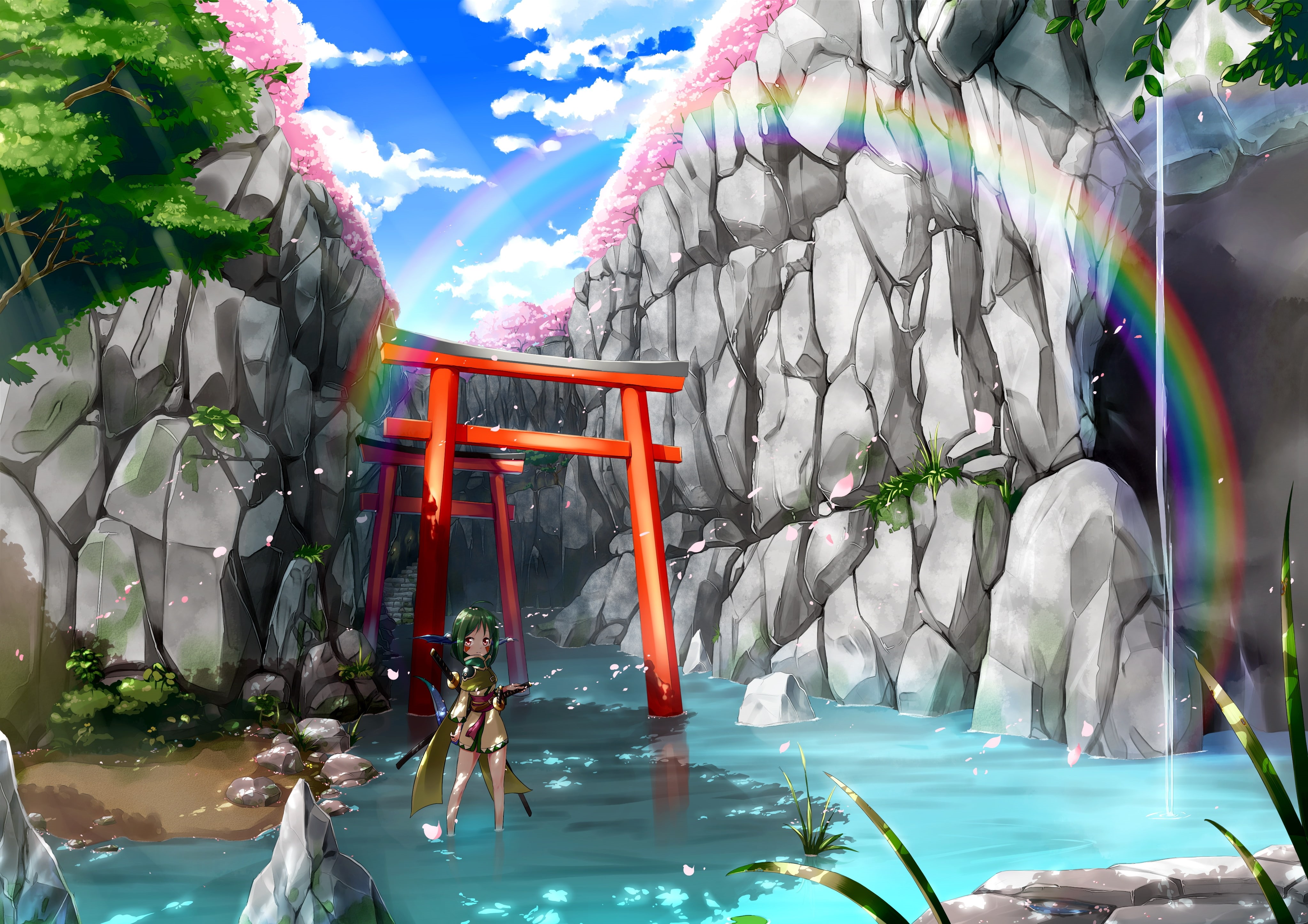 anime girl, sunlight, sakura blossom, torii, sky, rocks, swimming pool, belief, table, water, Anime, nature, art and craft, plant, decoration, waterfront, HD Wallpaper
