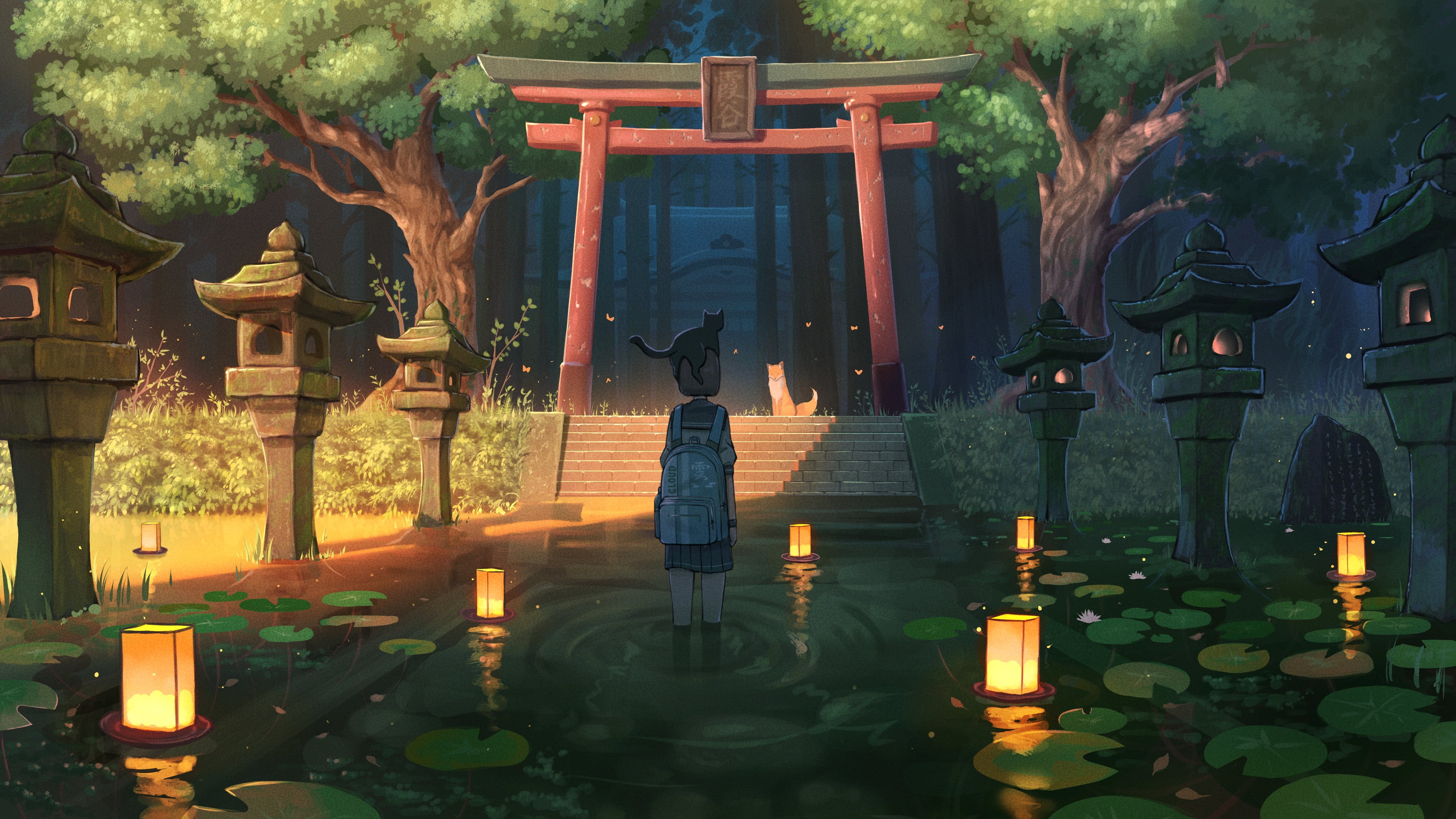 torii, schoolgirl, Pasoputi, cats, water, lantern, original characters, anime girls, 4K, HD Wallpaper