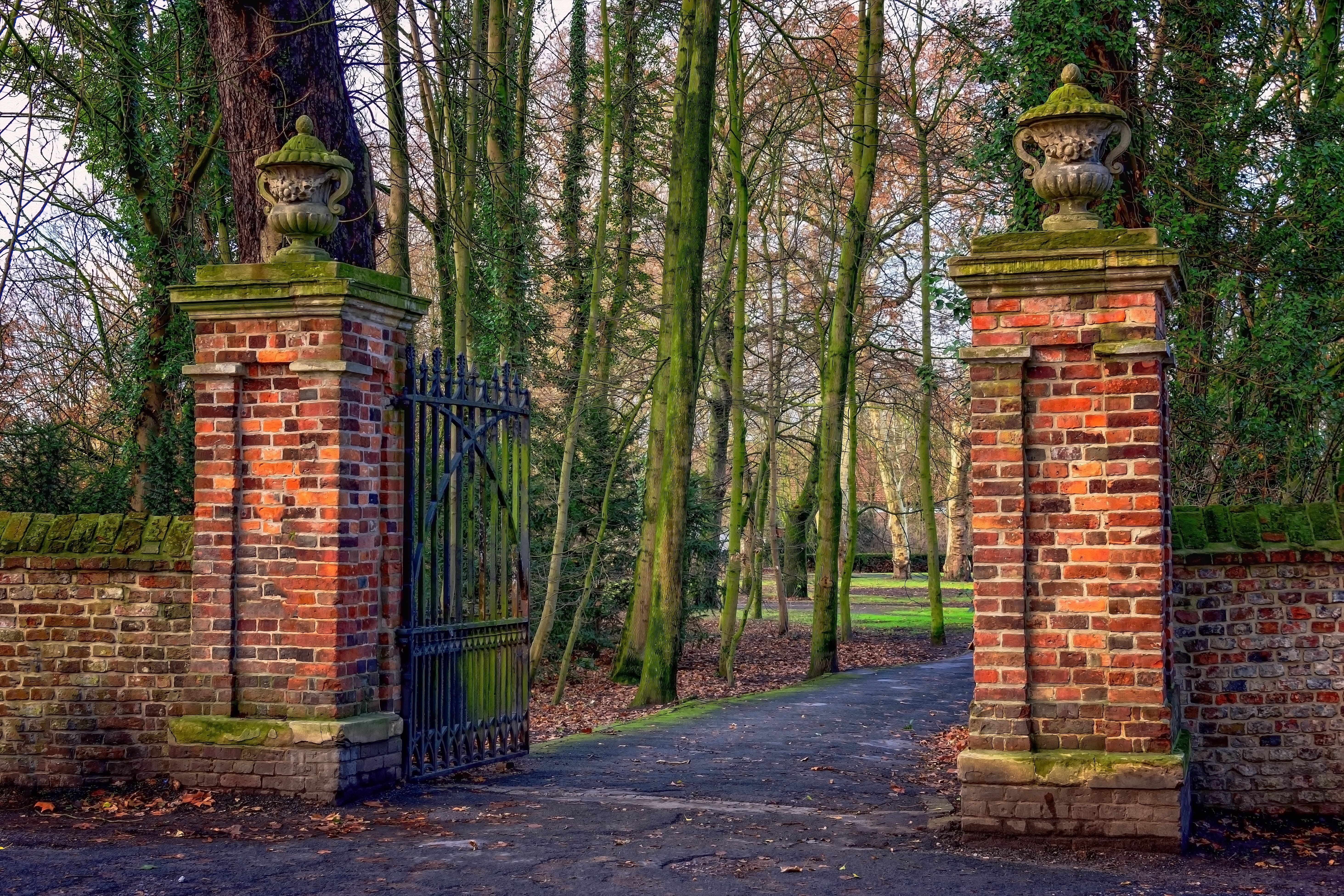 plant, mood, brick wall, rest, stones, day, away, path, castle park, no people, gate, wall - building feature, wrought iron, atmosphere, historically, forest, HD Wallpaper