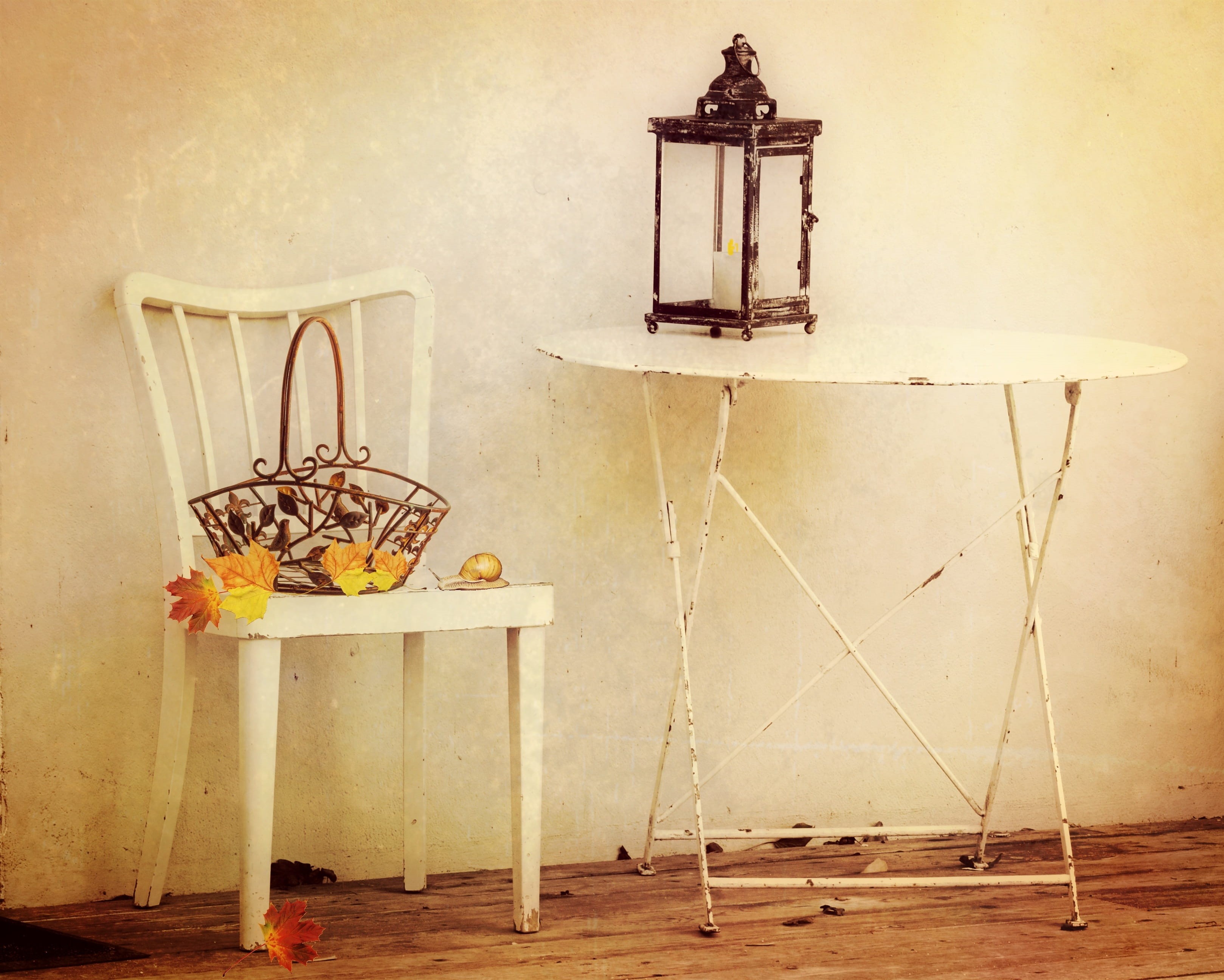autumn decoration, table, light, hanging, decoration, seat, lantern, on top, built structure, potted plant, maple leaves, lamp, metal table, deco, still life, HD Wallpaper