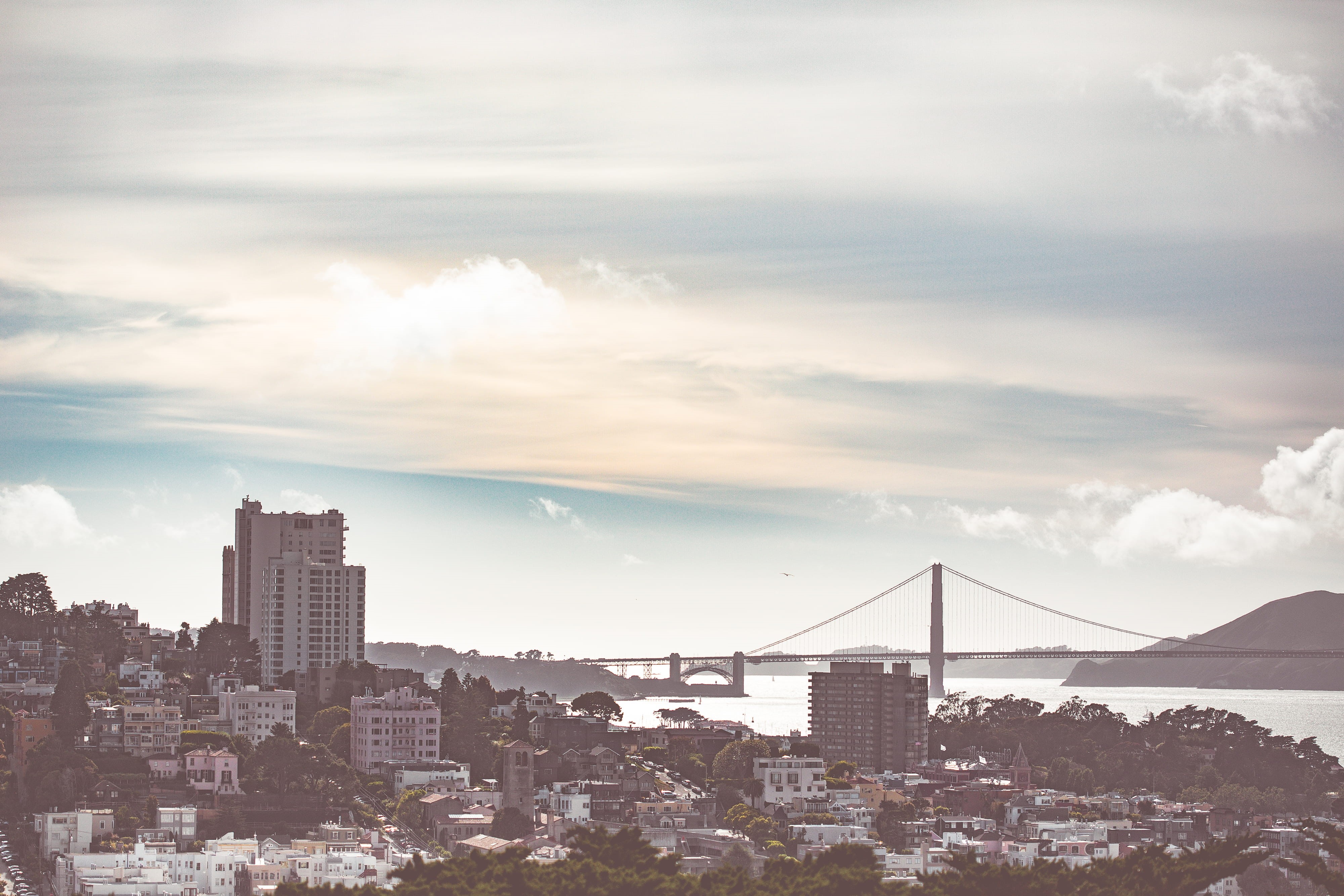 bay, san, california, clouds, building exterior, cloud - sky, cityscapes, san francisco, sea, water, panorama, san Francisco - California, golden, urban Scene, HD Wallpaper