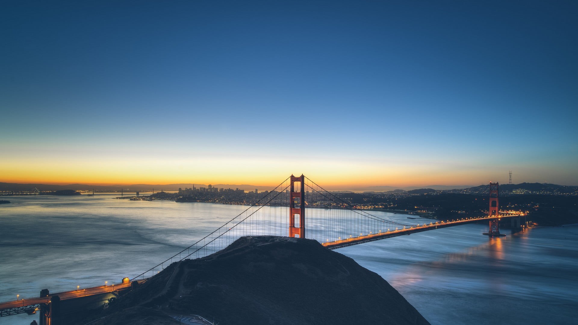 illuminated, travel, sunset, sky, San Francisco, architecture, skyscraper, york, gate, travel destinations, outdoors, dusk, bridge, 1080P, Golden Gate Bridge, HD Wallpaper