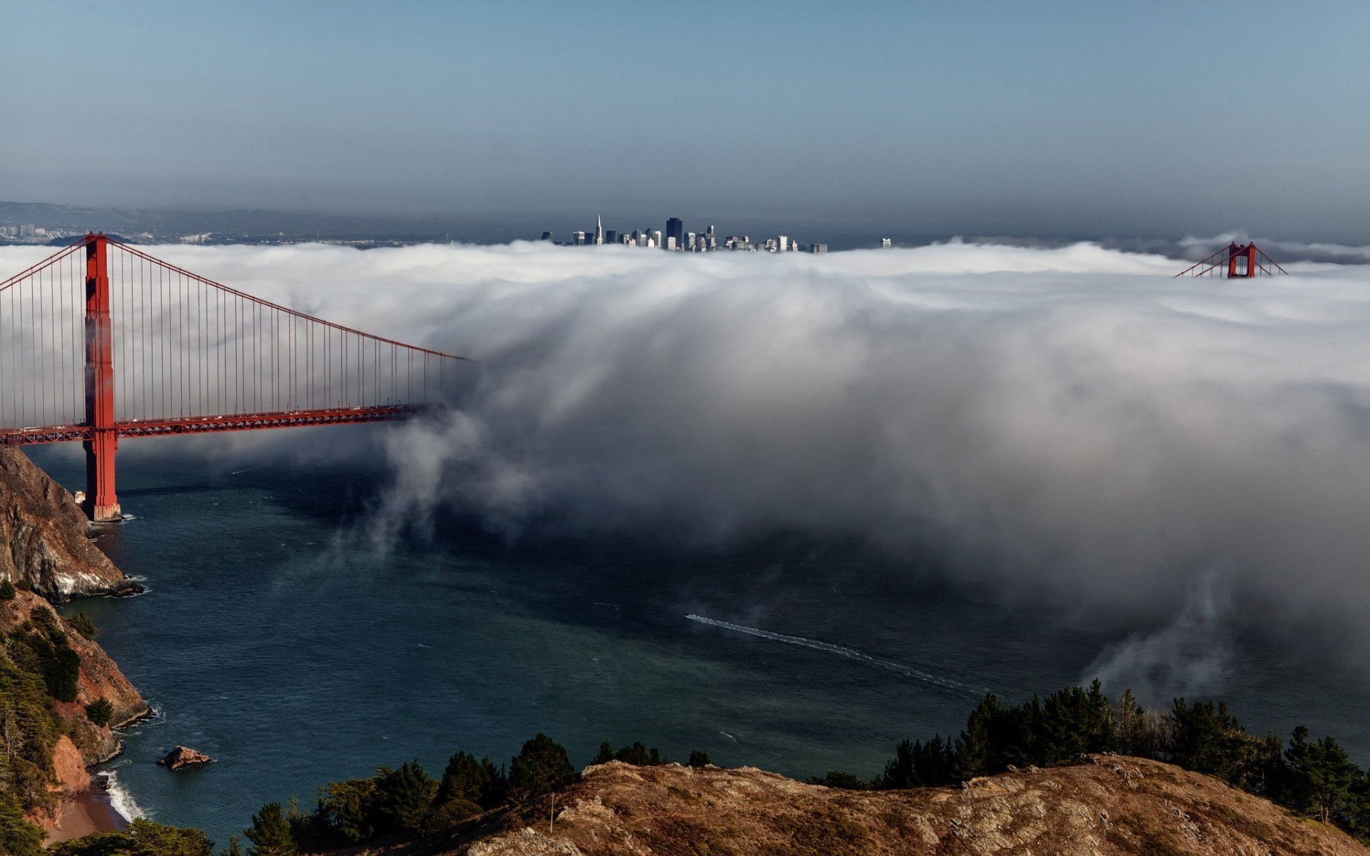 red, San - Francisco photo, gate, fog, bridge, USA, golden, 1080P, Golden Gate Bridge, city, HD Wallpaper