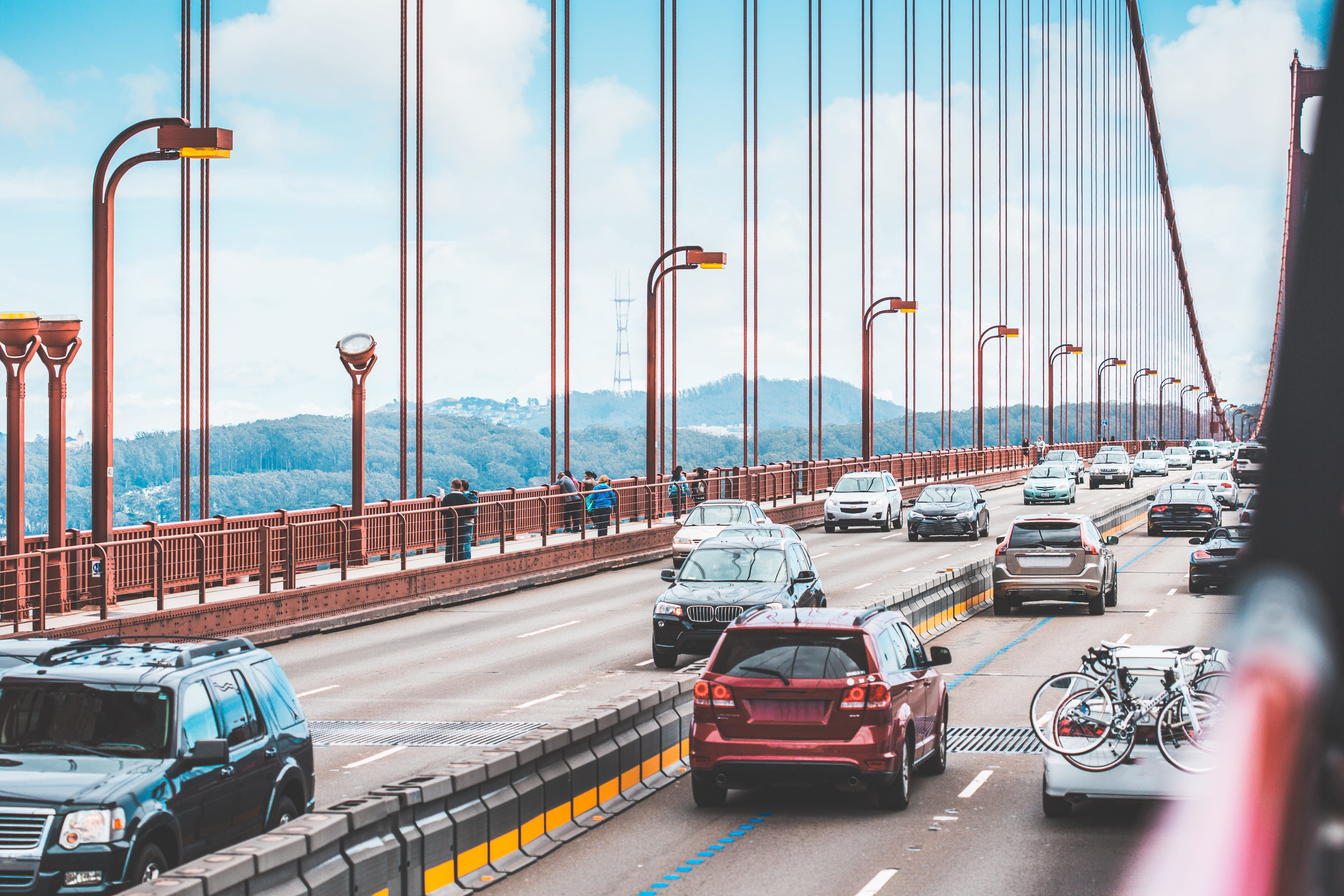land vehicle, car, drive, ride, sky, on the move, drivers, built structure, no people, across, water, architecture, outdoors, sf, road, city, connection, HD Wallpaper