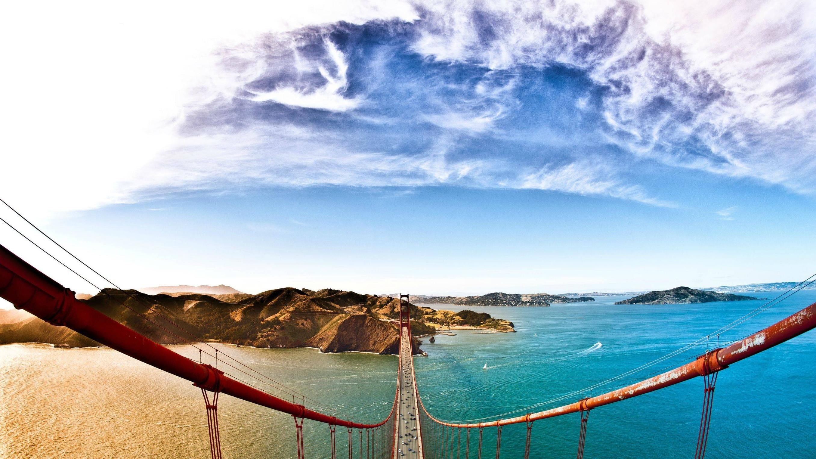 scenics - nature, day, environment, no people, clouds, bridge, landscape, architecture, water, USA, car, sea, tranquility, mountain, travel, idyllic, hills, HD Wallpaper