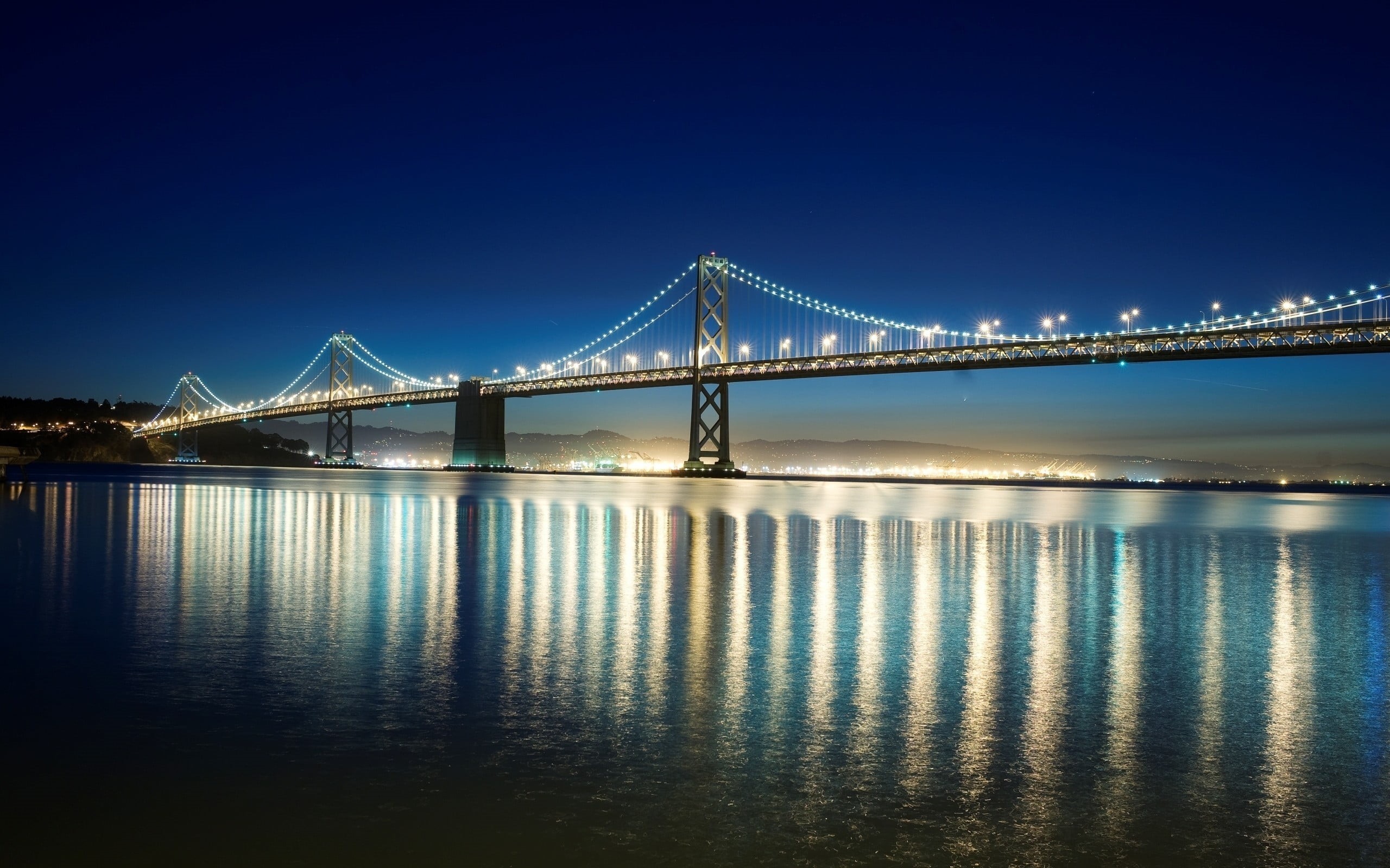 reflection, night, water, connection, river, city lights, sky, bridge, 2K, landscape, bridge - man made structure, waterfront, nature, illuminated, travel destinations, HD Wallpaper