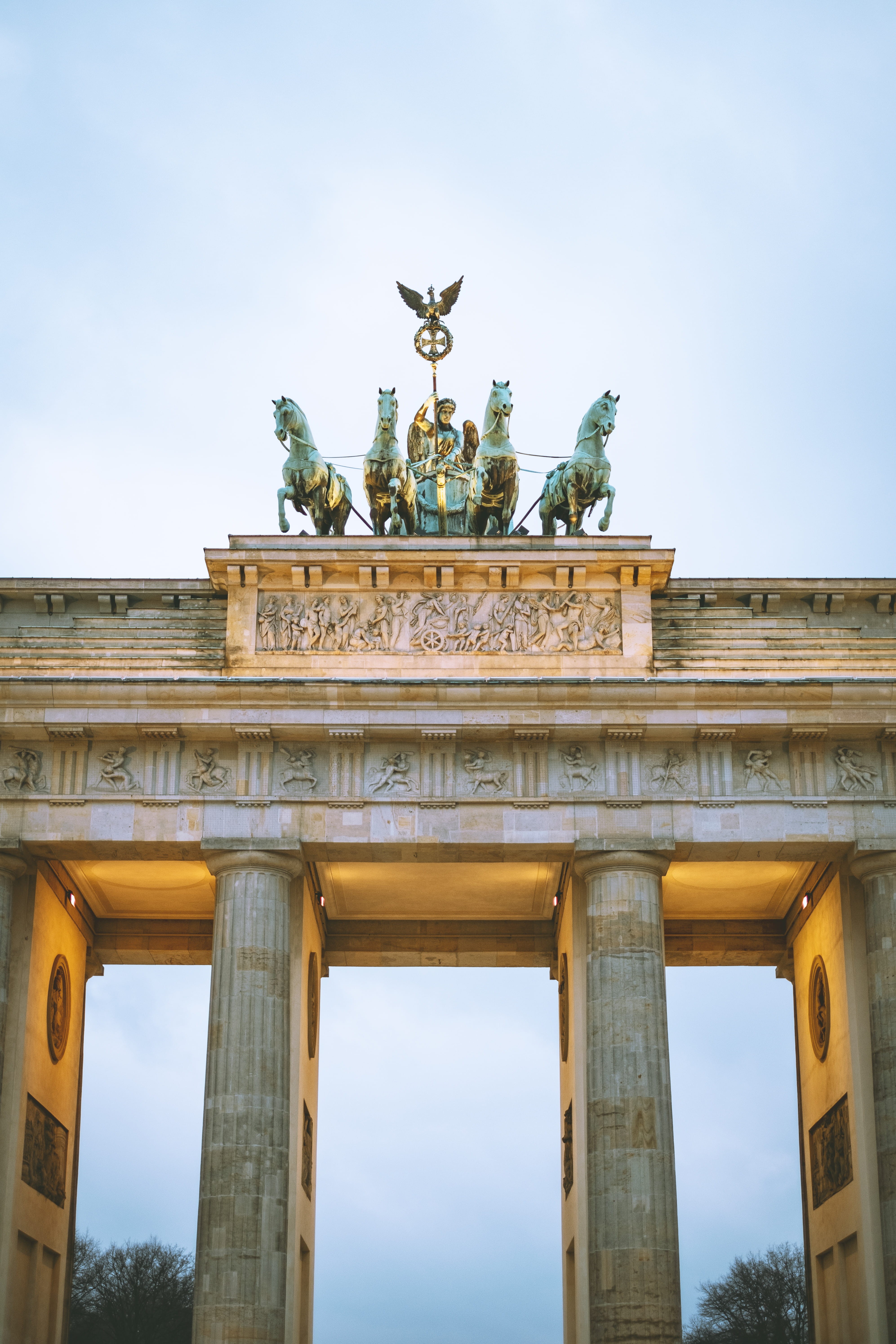 city gate, building, shrine, gate, berlin, perspective, representation, art and craft, concrete, clouds, travel, tourism, city, brown, outdoors, sculpture, Phone HD Wallpaper