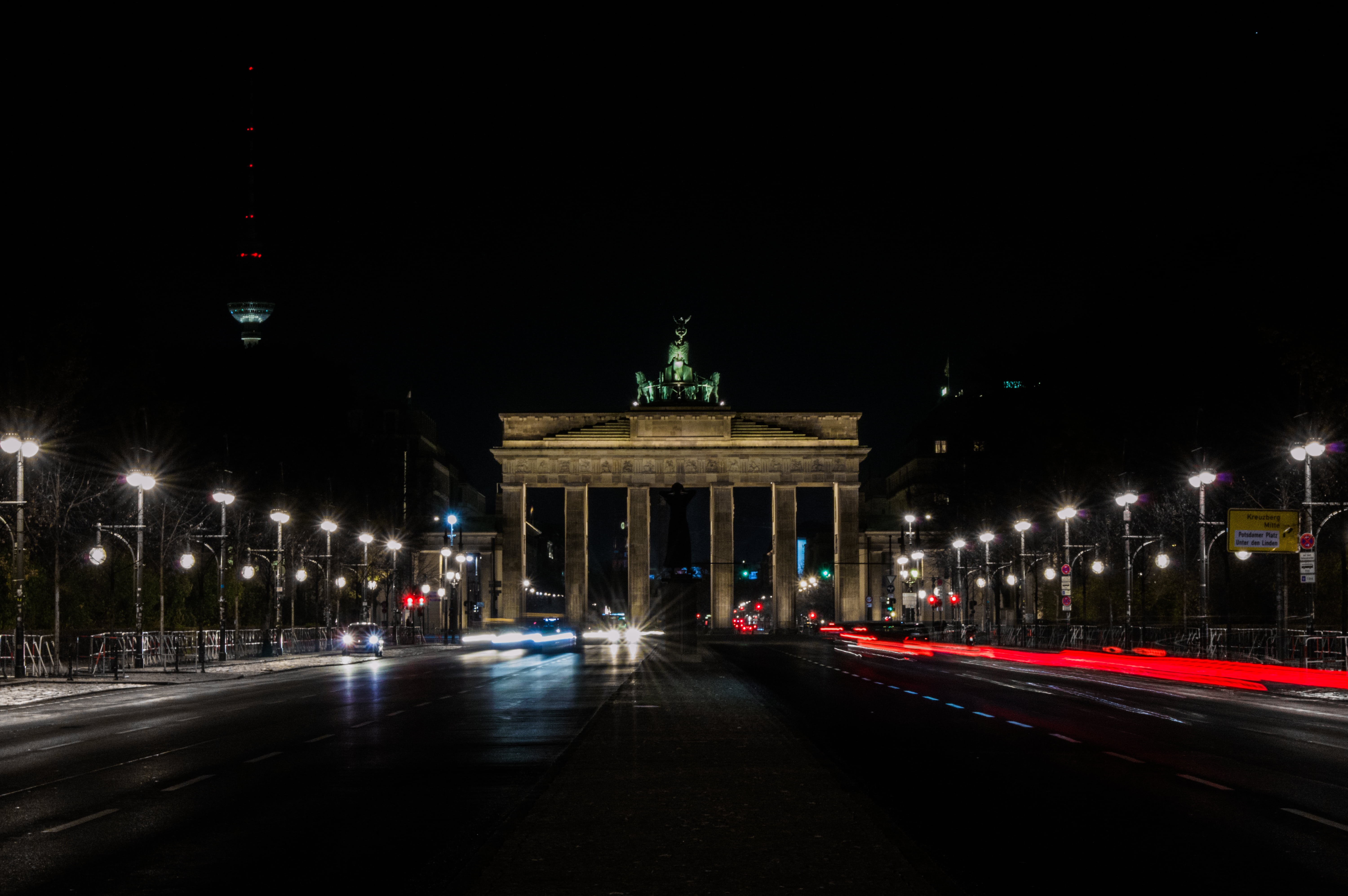 illuminated, long exposure, architectural column, window, building, hotel, gate, transportation, city gate, outdoors, history, light trail, lane, brandenburg, HD Wallpaper