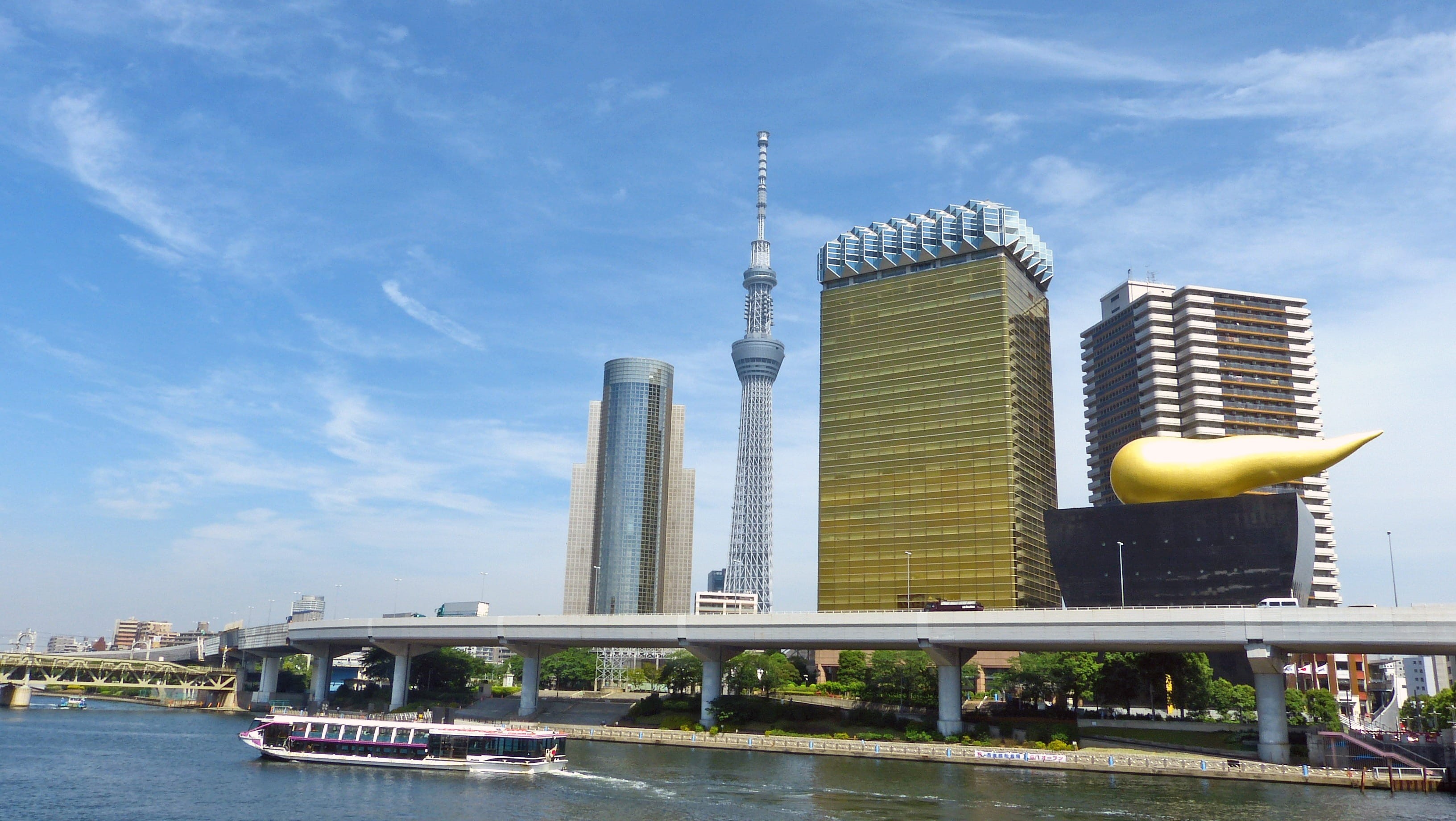 day, japan, blue, cloud - sky, urban Scene, building, urban, brewery, bridge - Man Made Structure, khalifa, water, sky, tower, burj, 2K, built Structure, HD Wallpaper