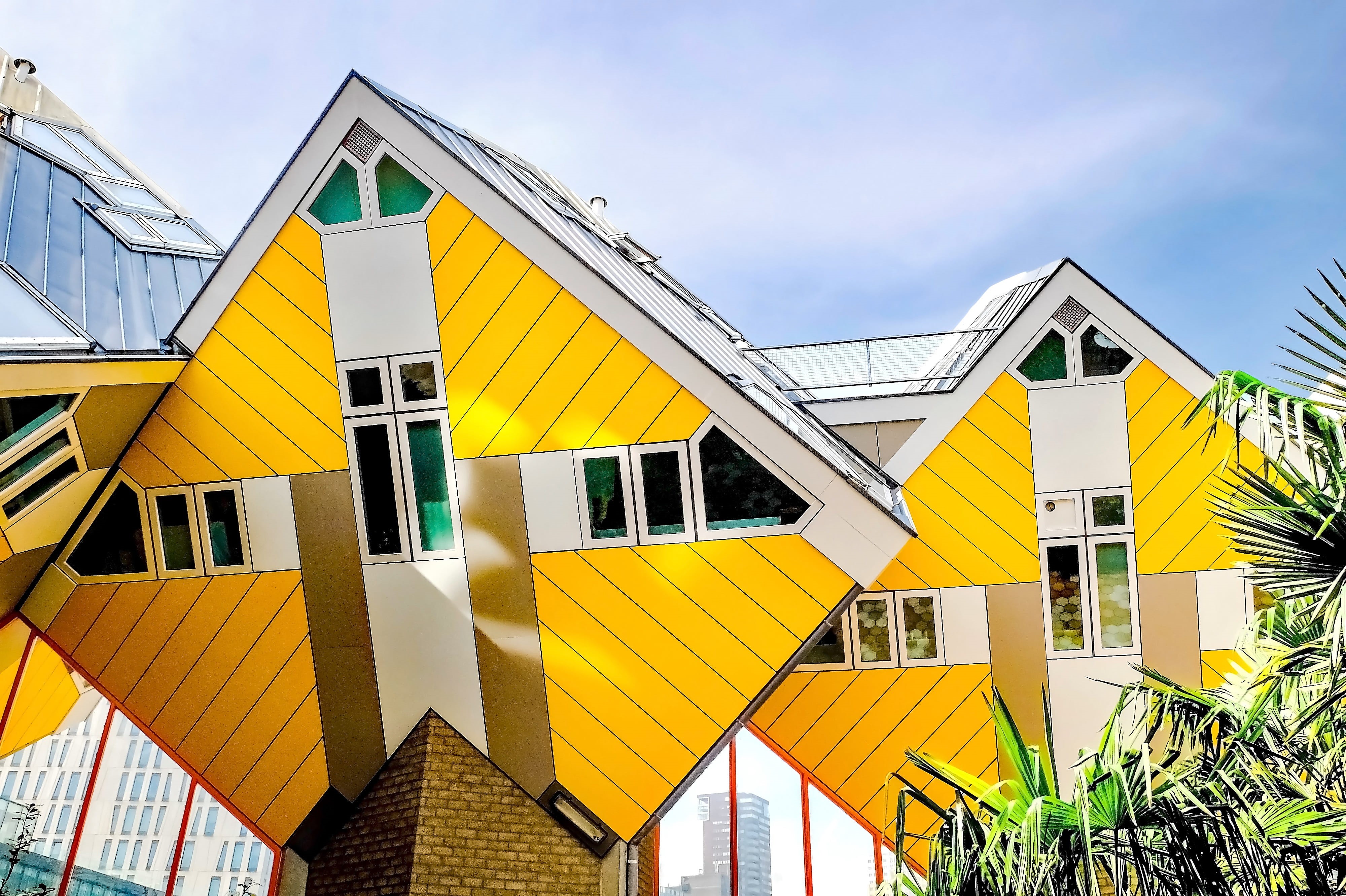 day, multi colored, holland, city, window, europe, building, outdoors, building exterior, shape, no people, roof, 4K, sky, luxury, nature, rotterdam, yellow, HD Wallpaper