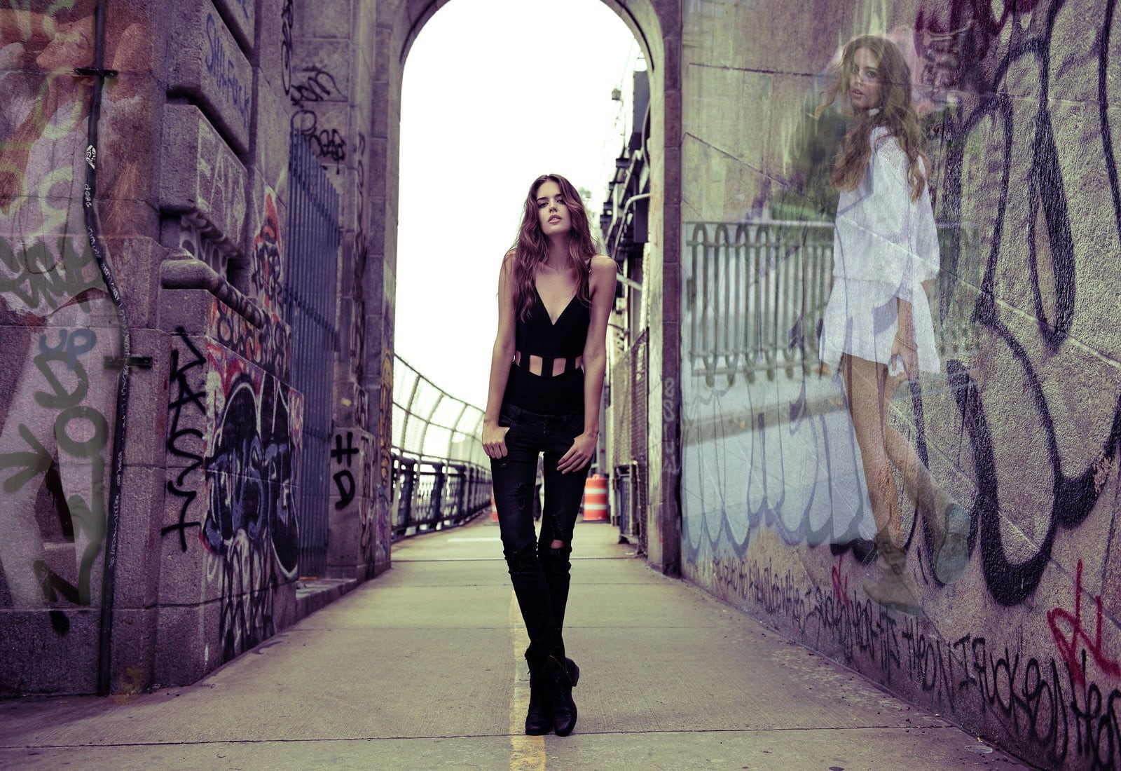 portrait, legs, beautiful woman, looking at camera, women, black, street, built structure, photo manipulation, adult, jump, beauty, neck, brunette, s, young women, HD Wallpaper