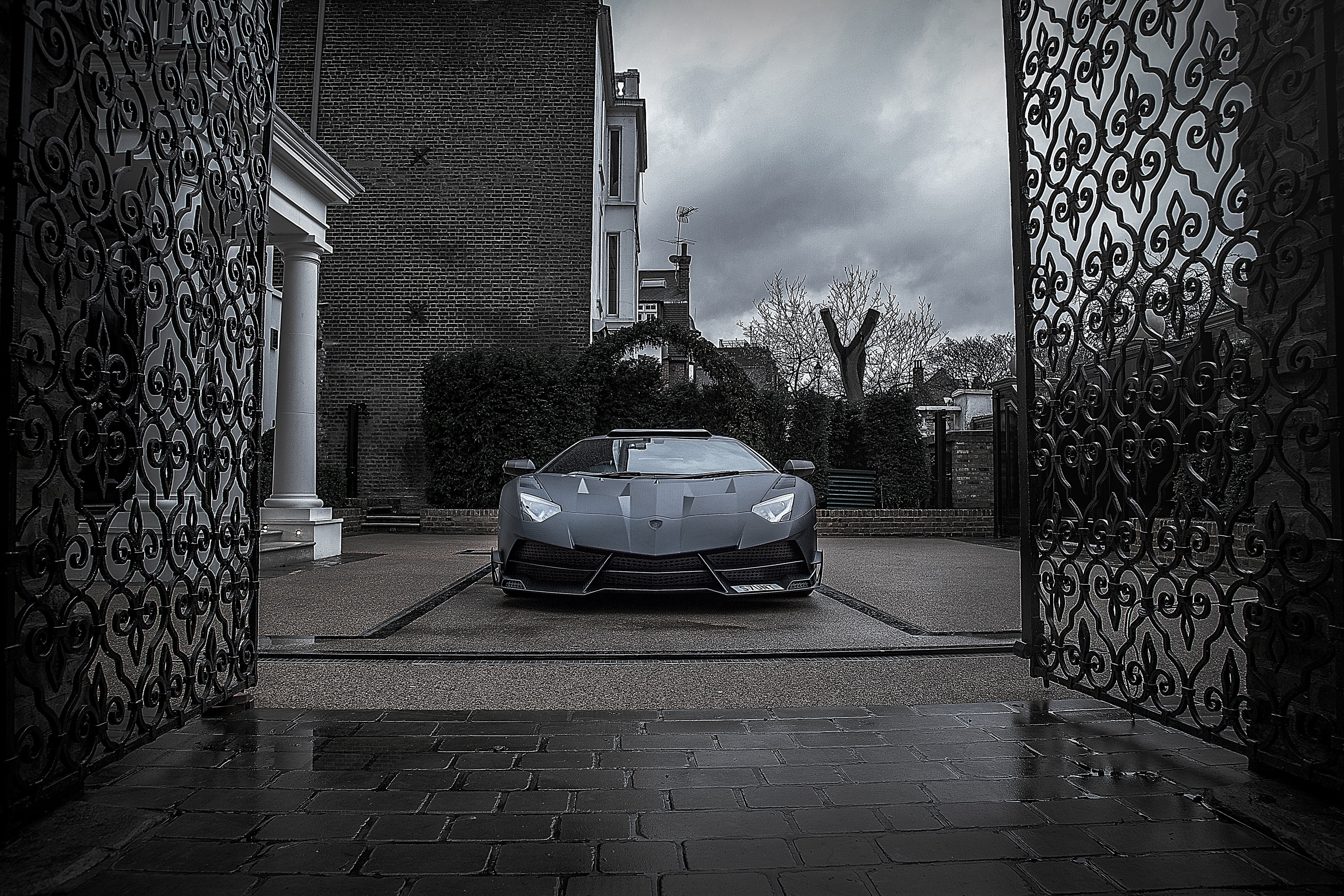 day, building Exterior, gate, sidewalk, mansory, urban Scene, plant, aventador, building, mode of transportation, motor vehicle, outdoors, 4K, black And White, HD Wallpaper