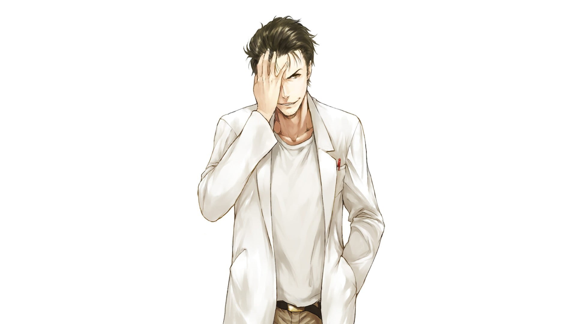 casual clothing, irritation, portrait, adult, emotion, waist up, 1080P, three quarter length, black hair, short hair, making a face, Steins;Gate, one person, HD Wallpaper