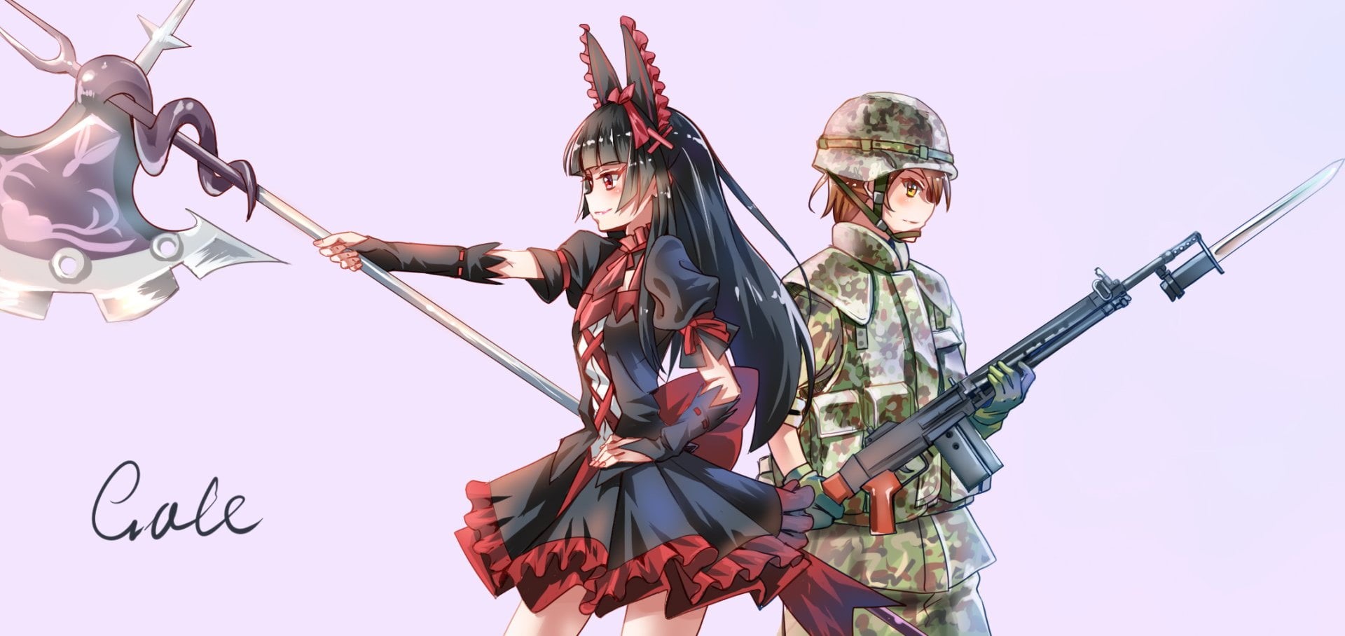 holding, white background, Headdress, front view, women, Brown Hair, sword, Anime, Dress, Smile, girls, people, Uniform, low angle view, men, Boy, three quarter length, HD Wallpaper