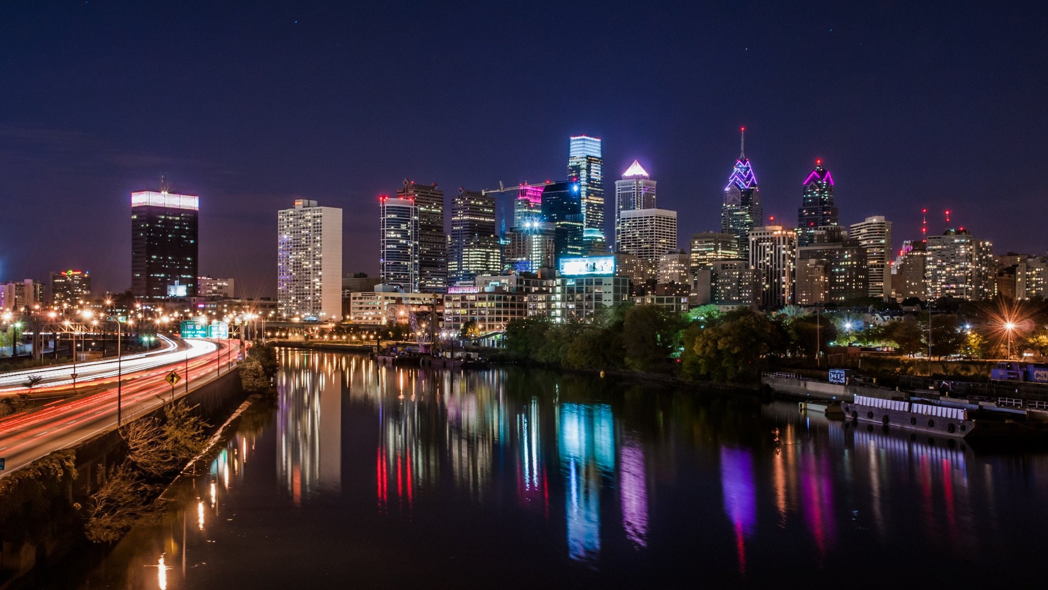 keystone state, buildings, night, usa, architecture, downtown, stores, city, towers, philadelphia, cities, bridges, texas, 1080P, storehouses, pennsylvania, HD Wallpaper