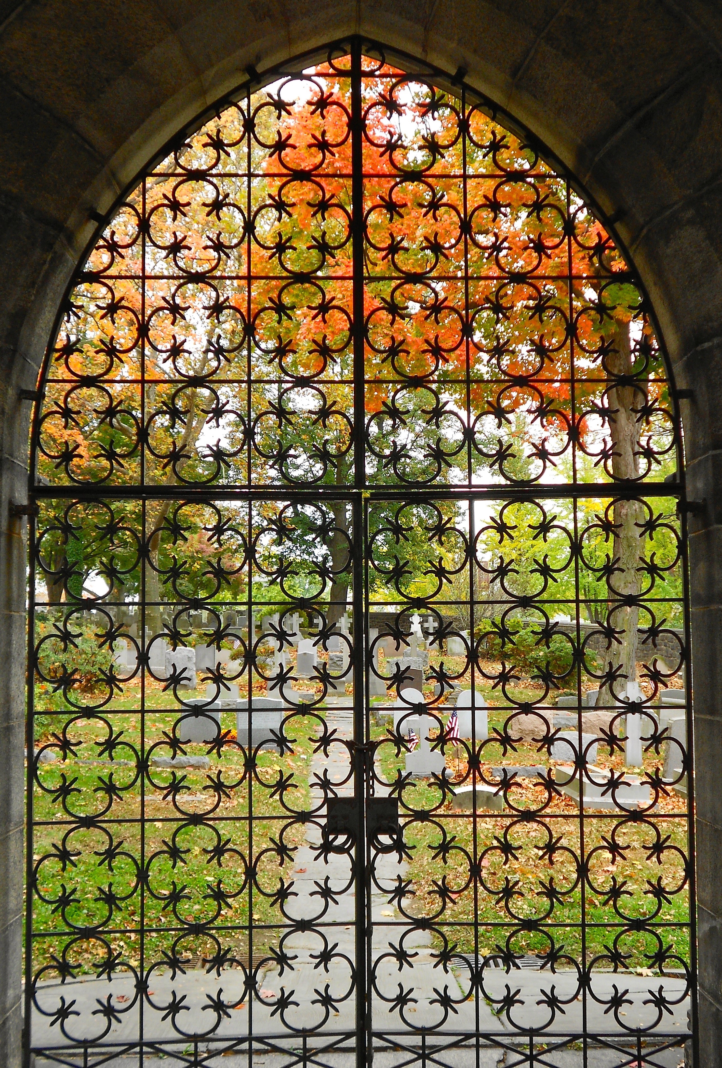 glass, arch, stained glass, shape, building, doorway, safety, security, indoors, metal, design, pattern, day, trees, full frame, gate, autumn, church, grill, Phone HD Wallpaper