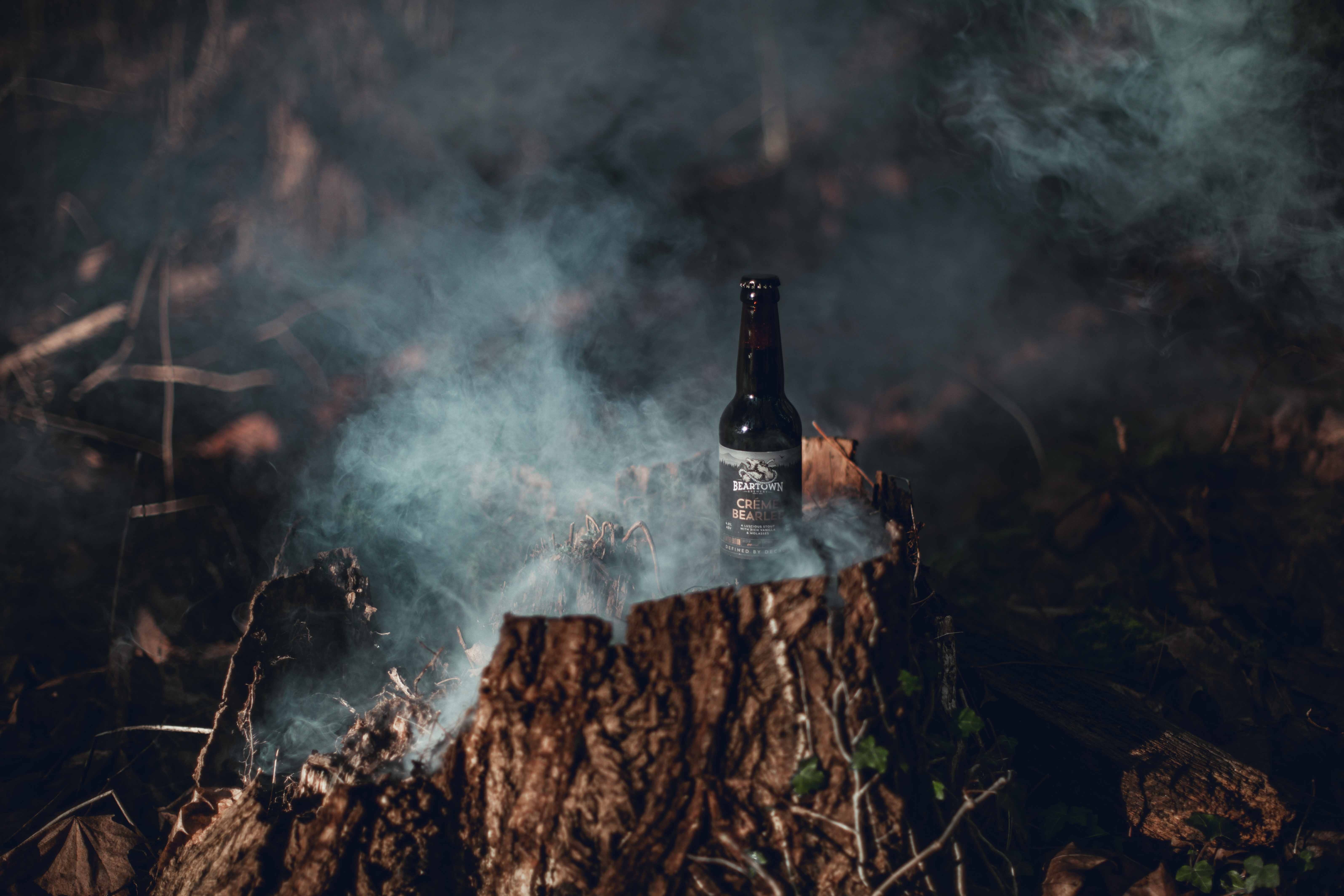 smoke - physical structure, nature, mountain, beer, food and drink, drink, amber, lager, bottle, tree, wood - material, camping, no people, heat - temperature, HD Wallpaper