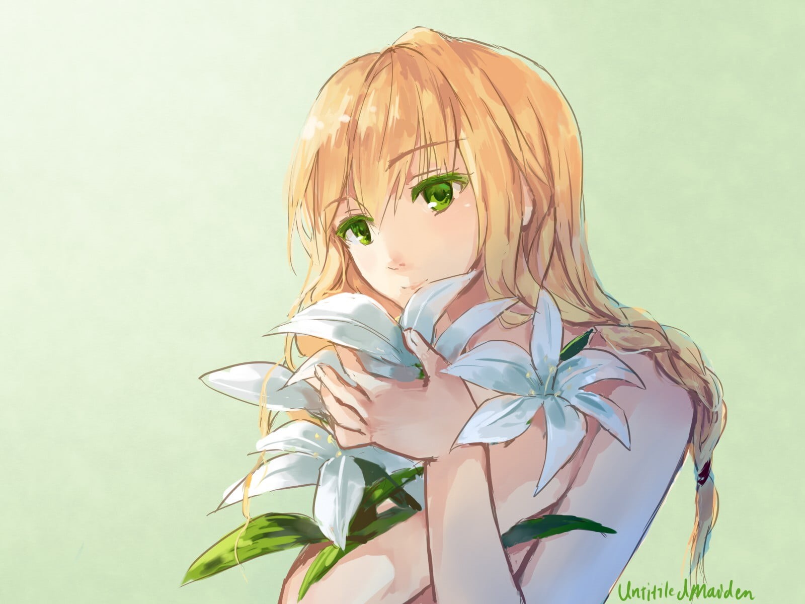 green eyes, 720P, flowers, standing, women, plant, anime girls, blonde, Majo No Ie, indoors, colored background, studio shot, representation, beauty, young adult, HD Wallpaper