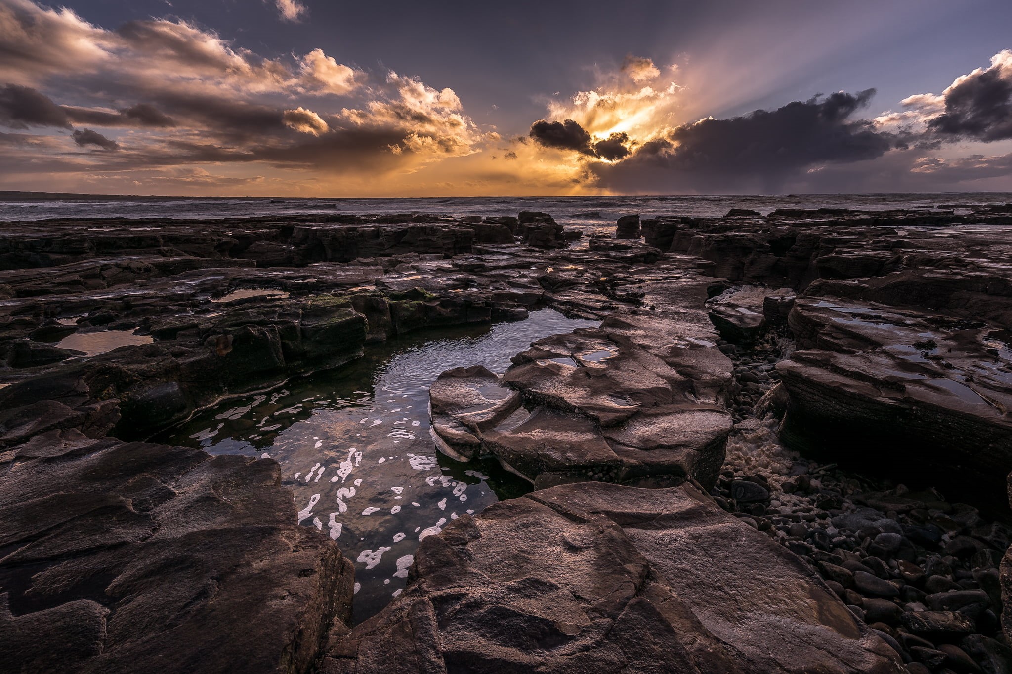 sony a7, photography, Ireland, Seascape, sea, ultra, sunset, sky, ocean, body of water, 1080P, rock - Object, europe, orange, co. Clare, landscape, photo, HD Wallpaper