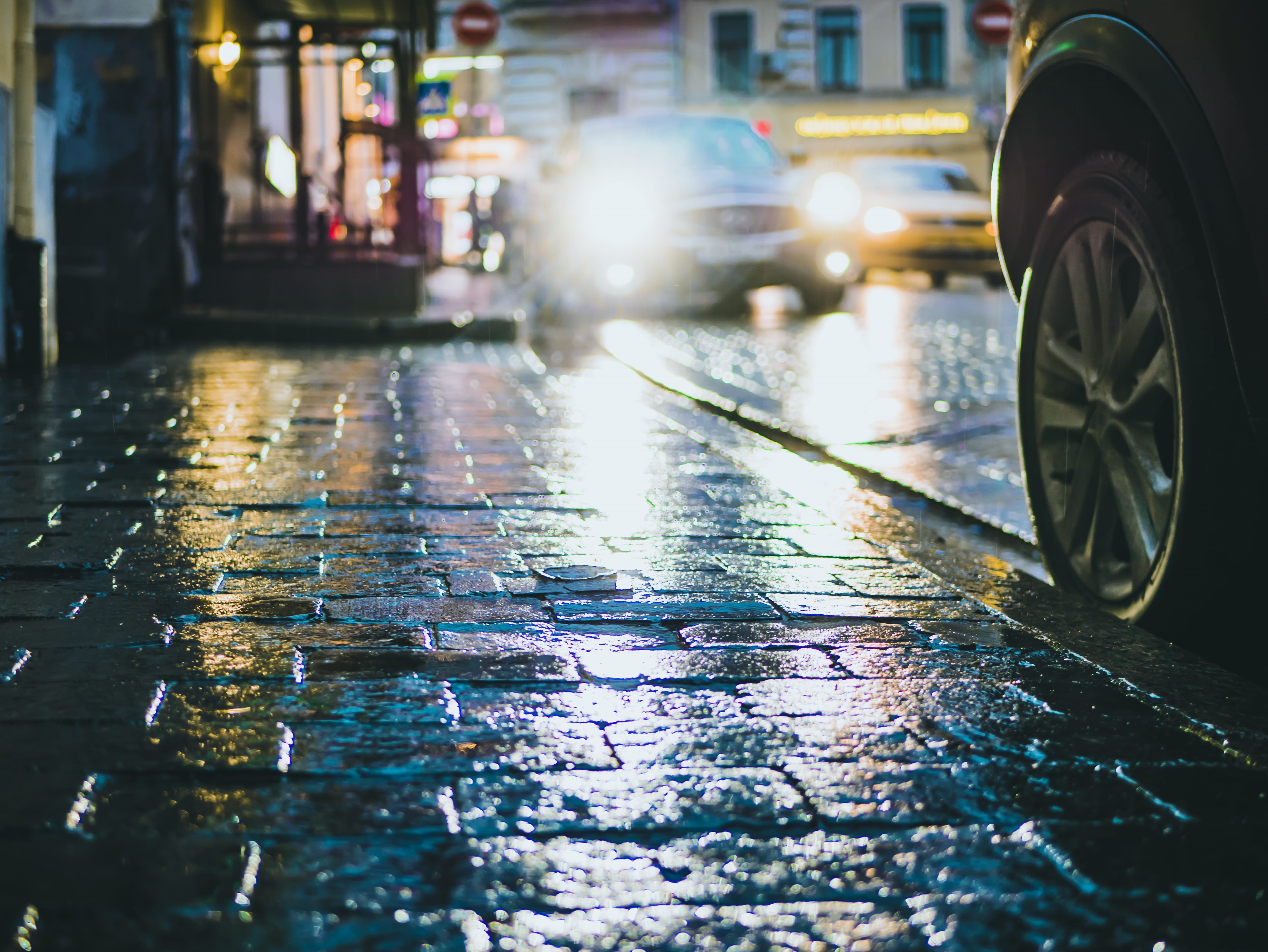 land vehicle, people, transportation system, raindrop, traffic, 4K, headlights, reflection, colors, water, outdoors, night, surface level, wet, no people, HD Wallpaper