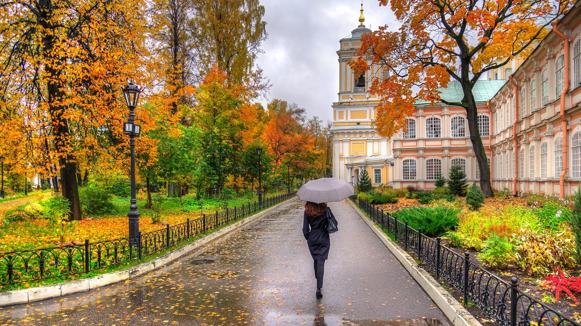 1080P, one person, full length, city, architecture, autumn, day, lifestyles, nature, outdoors, building exterior, change, umbrella, plant, walking, women, HD Wallpaper