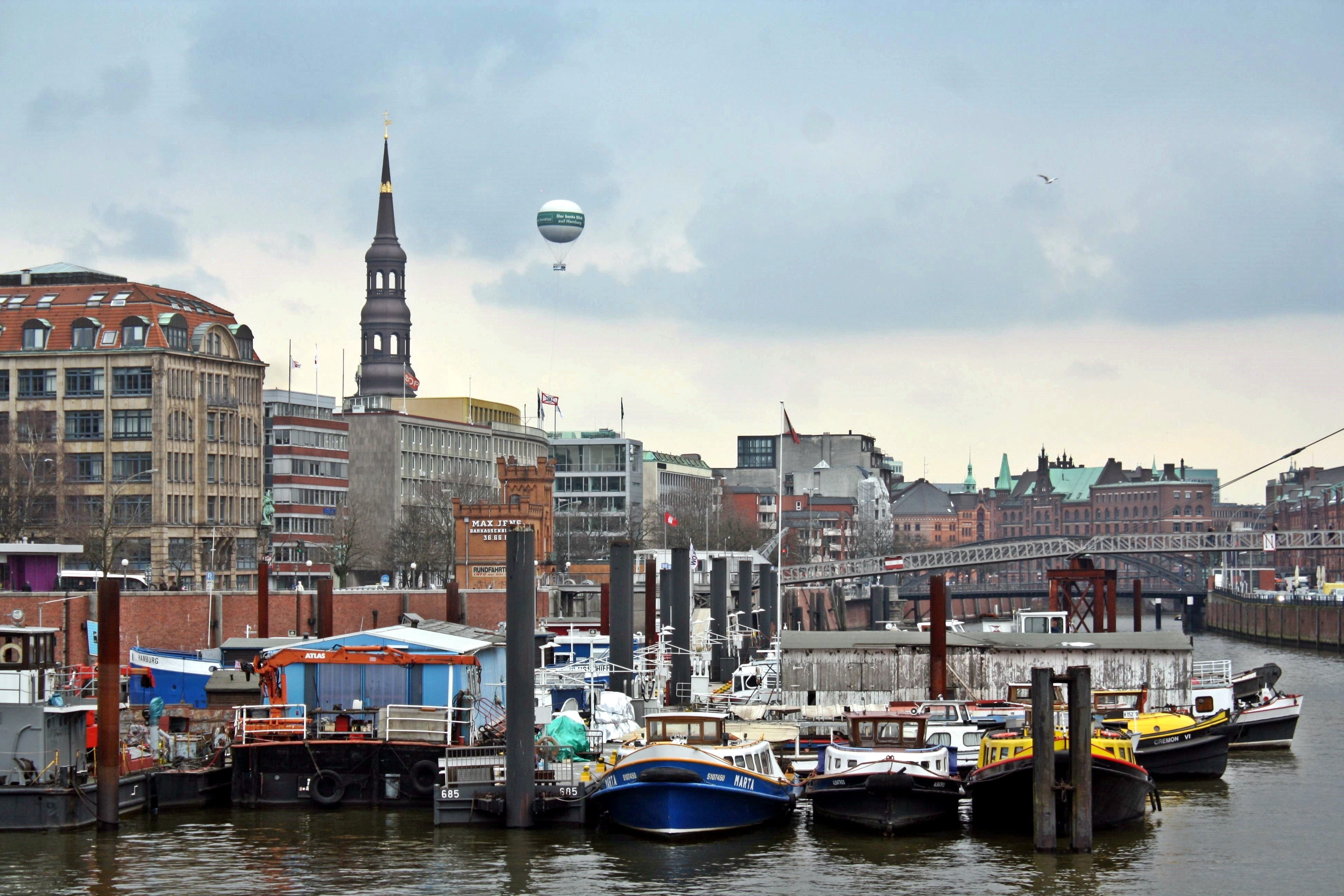 skyscraper, harbour cruise, Hamburg, nautical vessel, Elbe, port motifs, nature, passenger craft, travel, moored, no people, Port, red clinker brick, panorama, HD Wallpaper