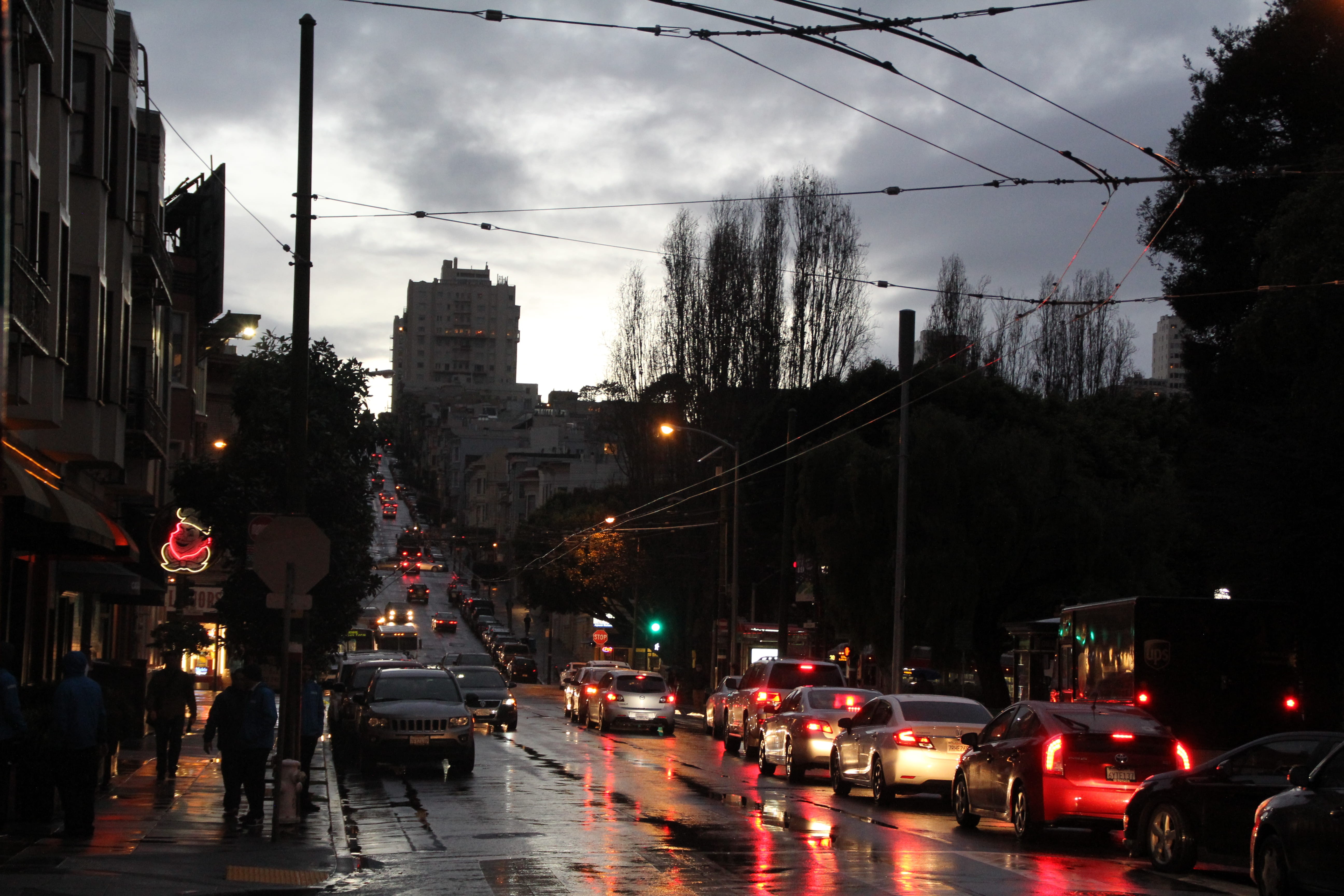 road, lights, night photos, nature, car, building exterior, cloud - sky, north beach, land vehicle, united states, dusk, neon lights, busy, rain, gloomy night, HD Wallpaper