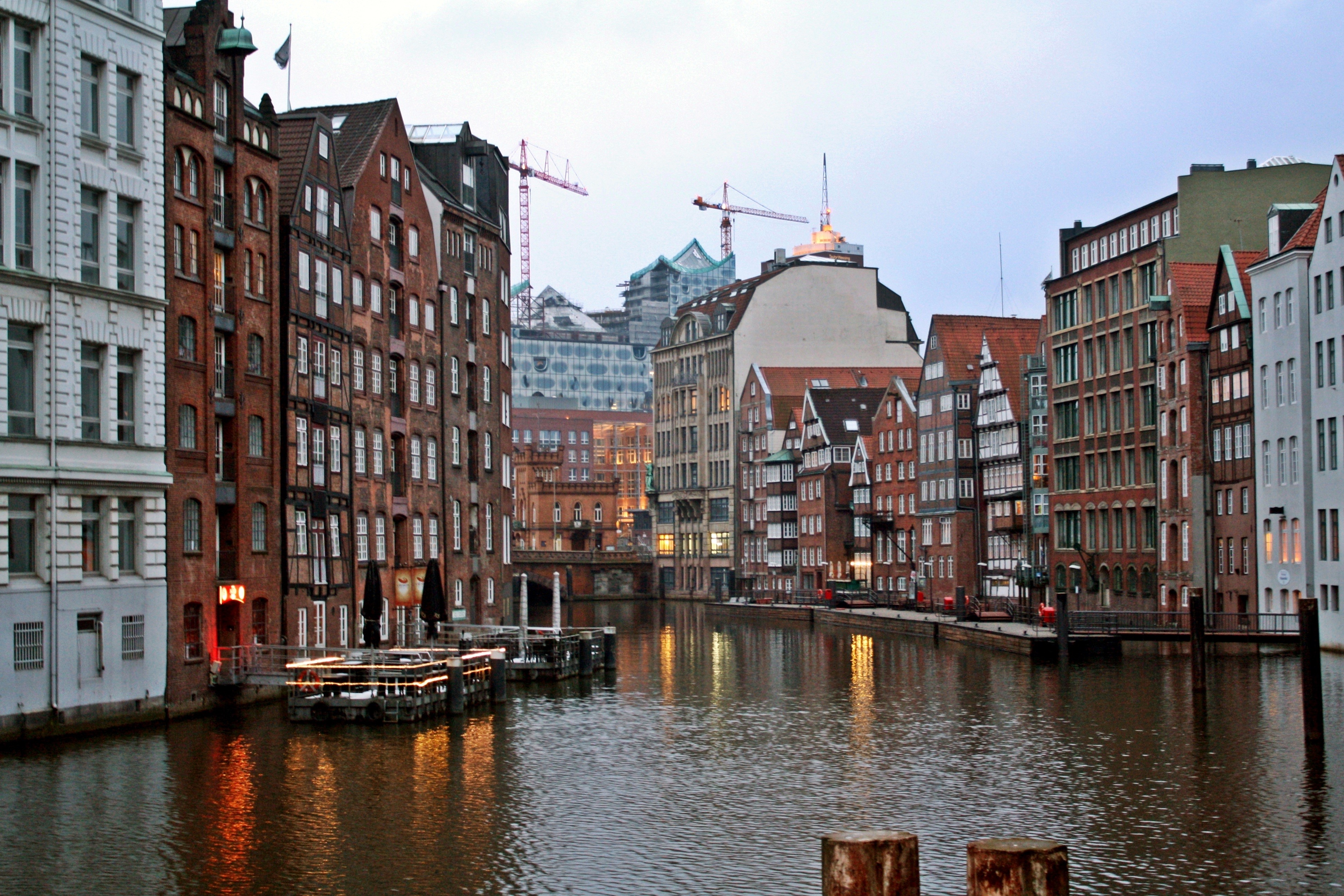 city, port motifs, transportation, port, wooden bridge, urhafen, fleet historically, residential district, rainy weather, nautical vessel, water, built structure, HD Wallpaper