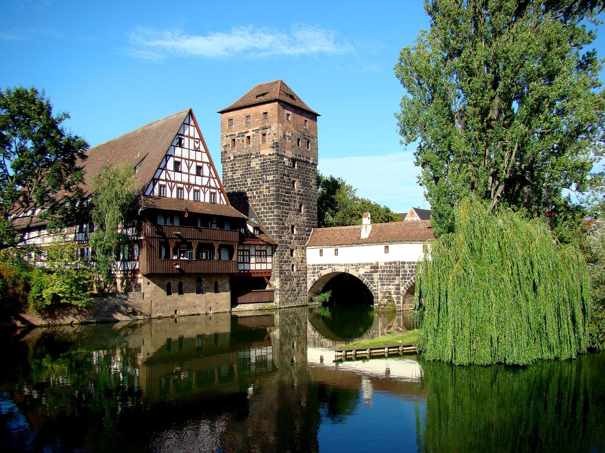 building exterior, close to water, nature, plant, old town, 1080P, tree, reflection, dürer, hangmans bridge, stone bridge, brick, germany, architecture, HD Wallpaper