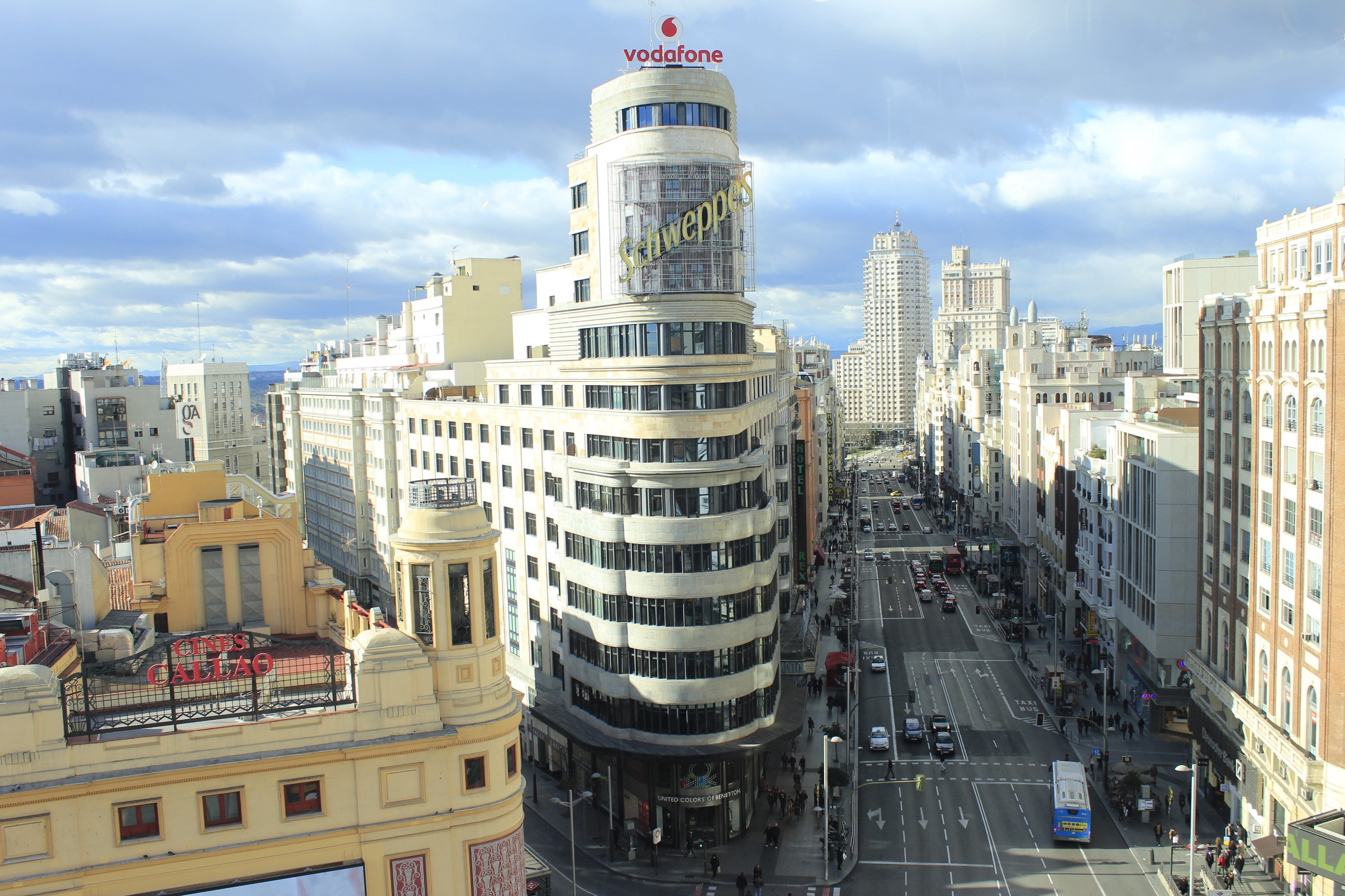 famous Place, residential district, spain, skyscraper, urban, urban Skyline, tower, street, sky, urban Scene, 2K, towers, building Exterior, public domain, HD Wallpaper