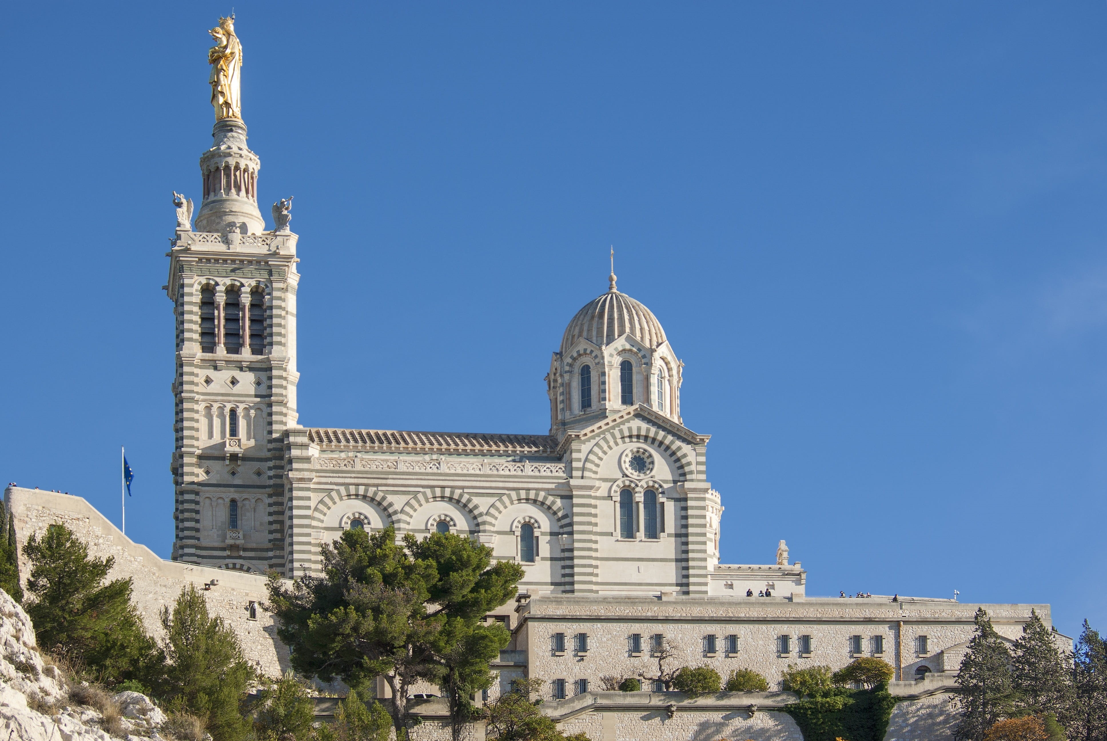 travel, travel destinations, marseille, religion, sky, built structure, nature, building, plant, tree, basilica, church, spirituality, no people, tower, HD Wallpaper