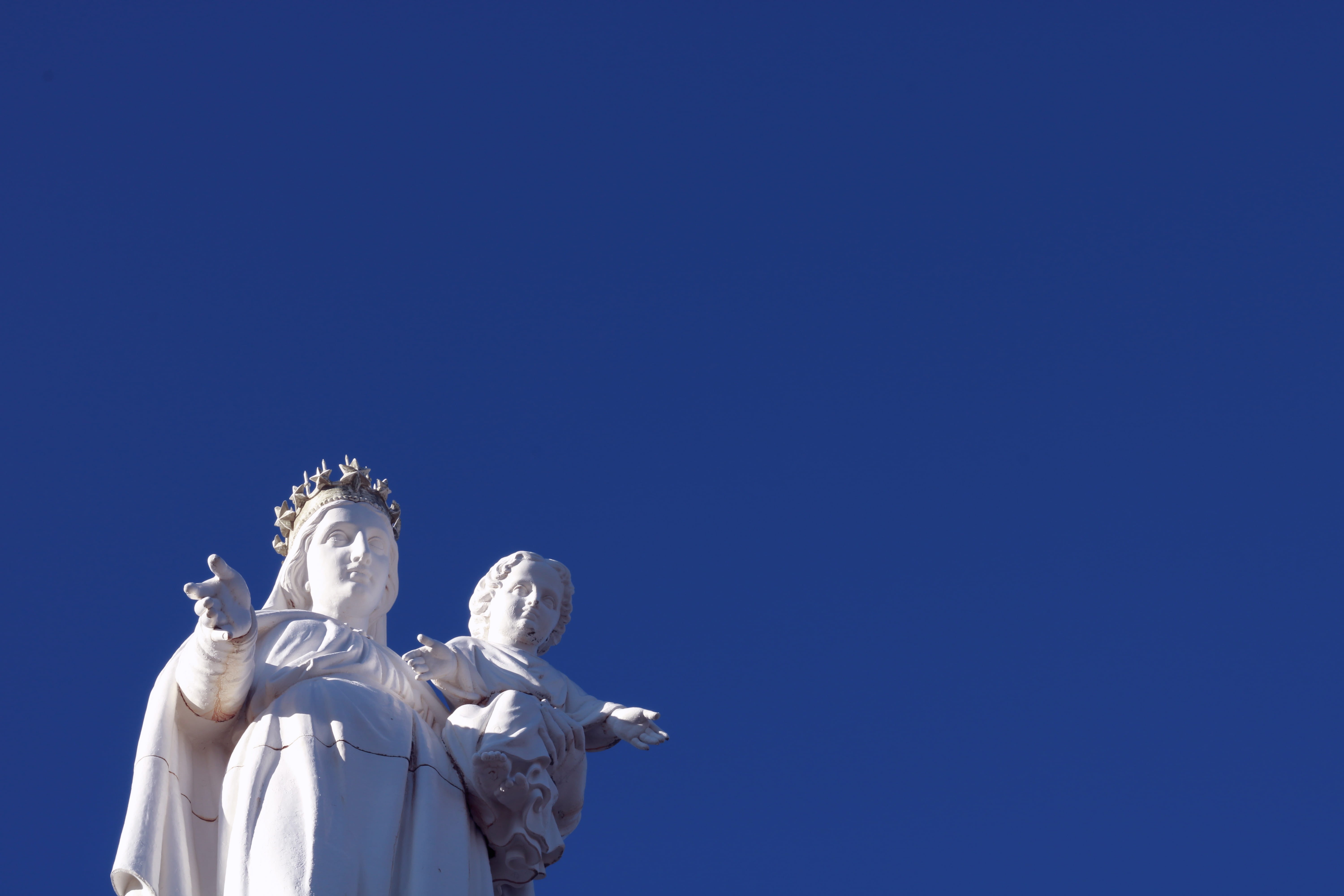 boy, cantal, crown, mary, craft, religion, low angle view, building, human representation, person, 5K, representation, france, human, murat, clear sky, HD Wallpaper