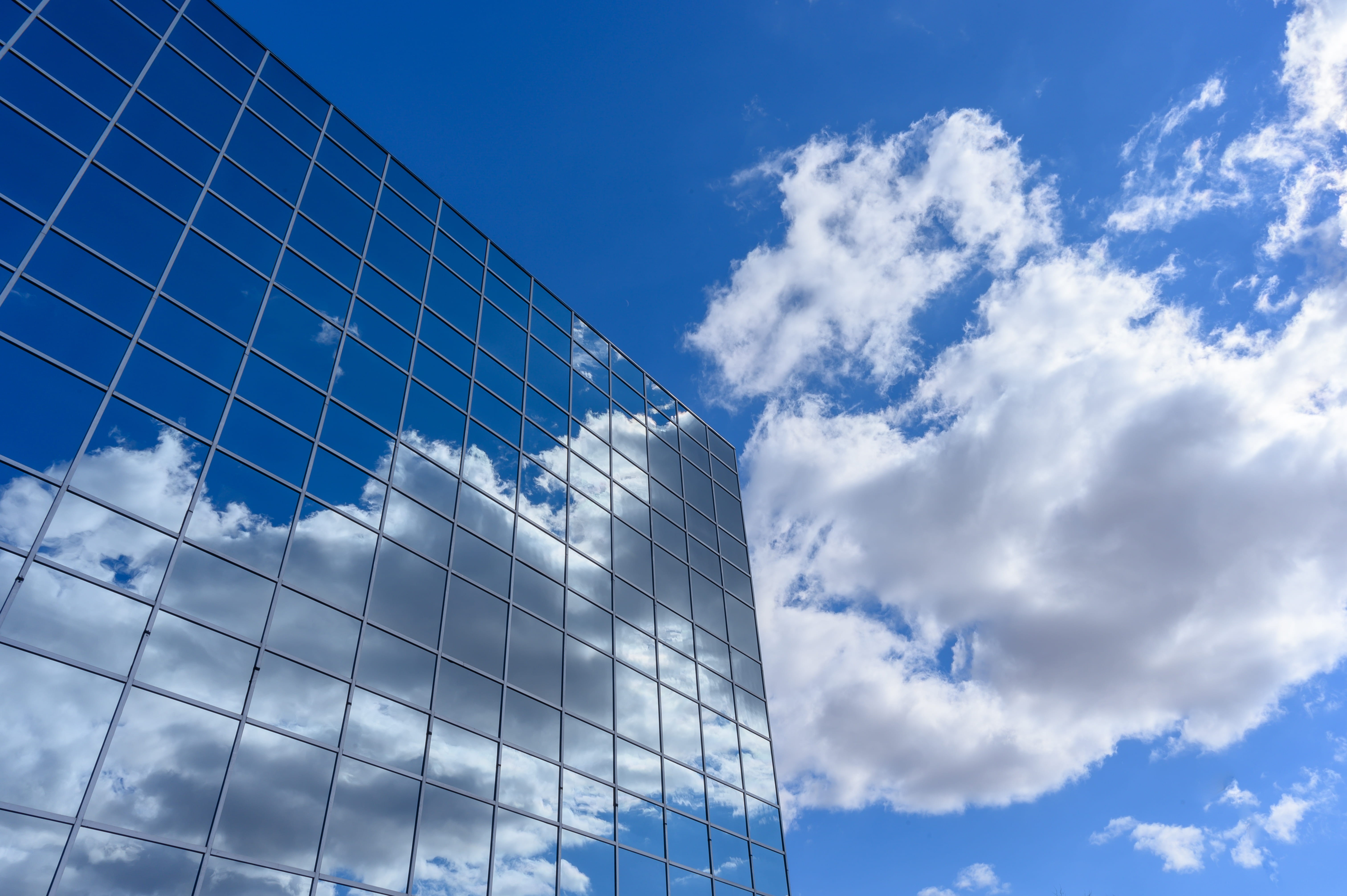 day, building exterior, clear, glass - material, downtown, nature, glass windows, futuristic, 5K, blue, wall, windows, city, building, architecture, reflection, HD Wallpaper