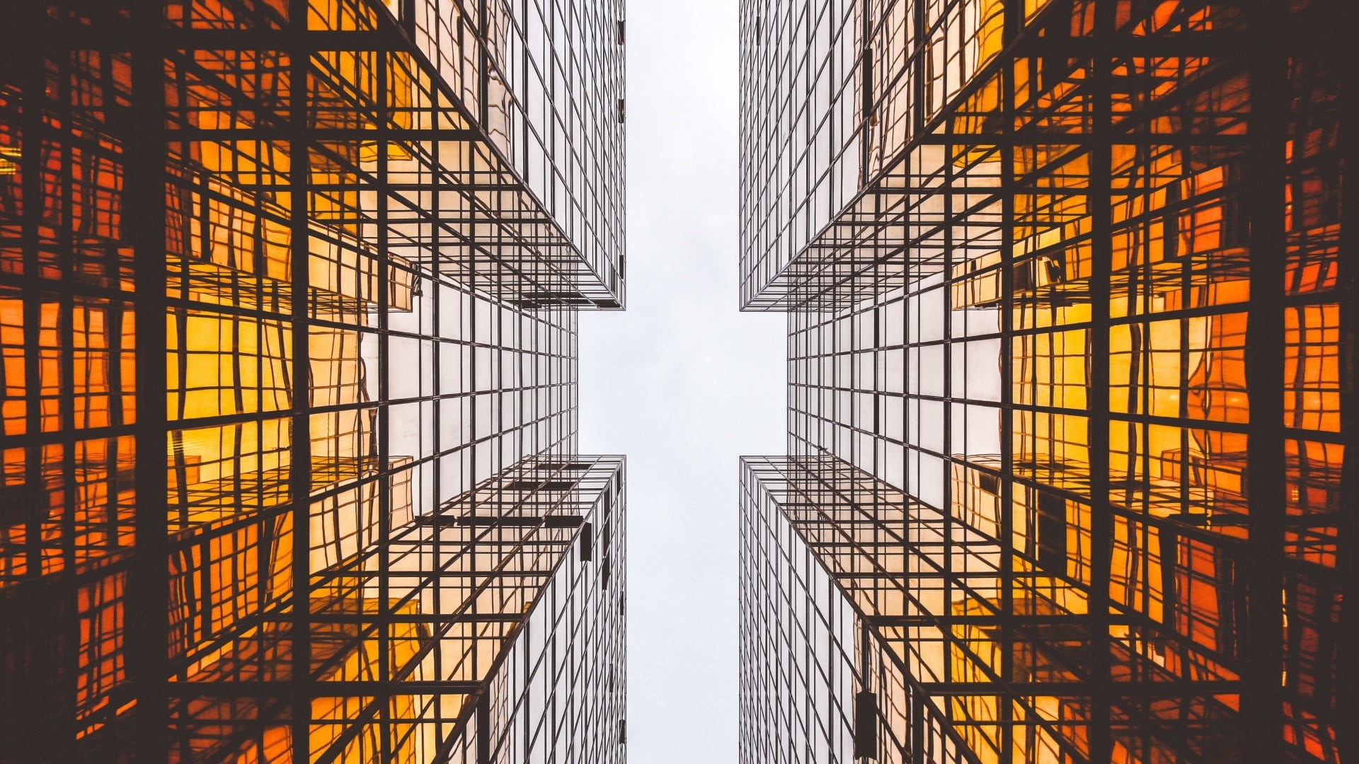 1080P, low, low angle view, orange color, tower, skyscraper, angle, modern, window, no people, building exterior, built structure, buildings, glass - material, HD Wallpaper