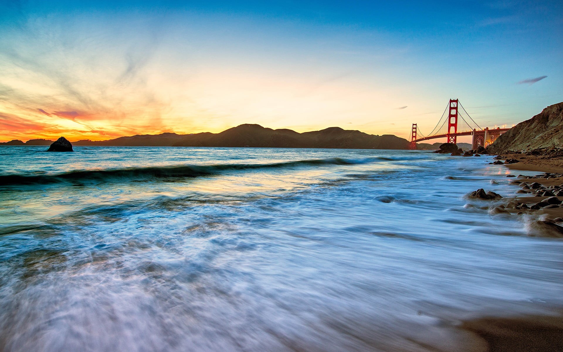 Golden Gate Bridge, painting, sunset, mountain, white, blue, no people, bay, USA, tranquility, boat, transportation, cloud - sky, scenics - nature, 1080P, HD Wallpaper