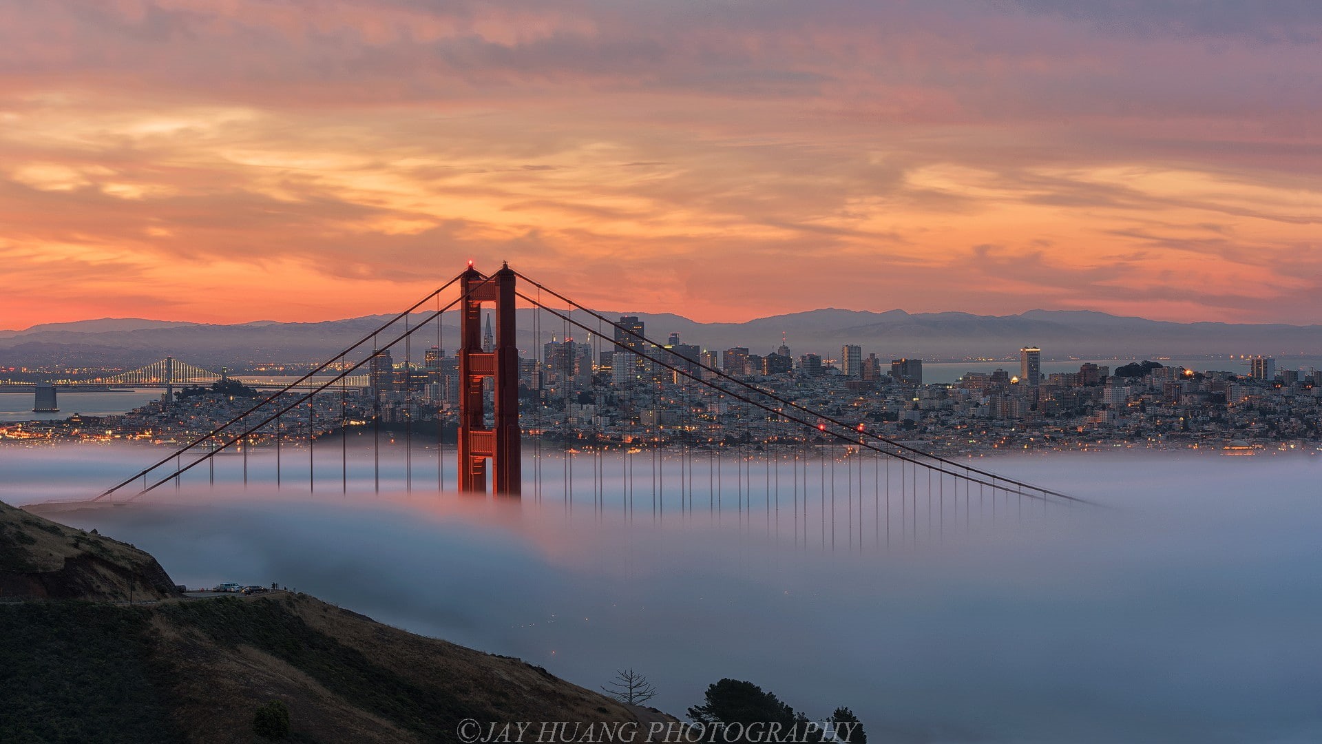 building exterior, travel destinations, San Francisco, sunset, transportation, water, outdoors, no people, bridge - man made structure, city, cloud - sky, HD Wallpaper