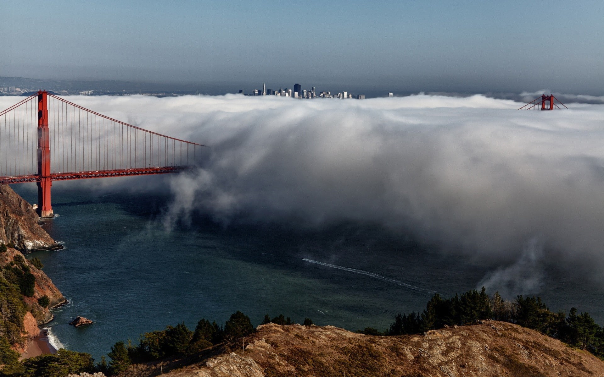 city, bay, scenics - nature, water, landscape, USA, built structure, tourism, mist, mountain, nature, travel destinations, outdoors, motion, sky, no people, HD Wallpaper