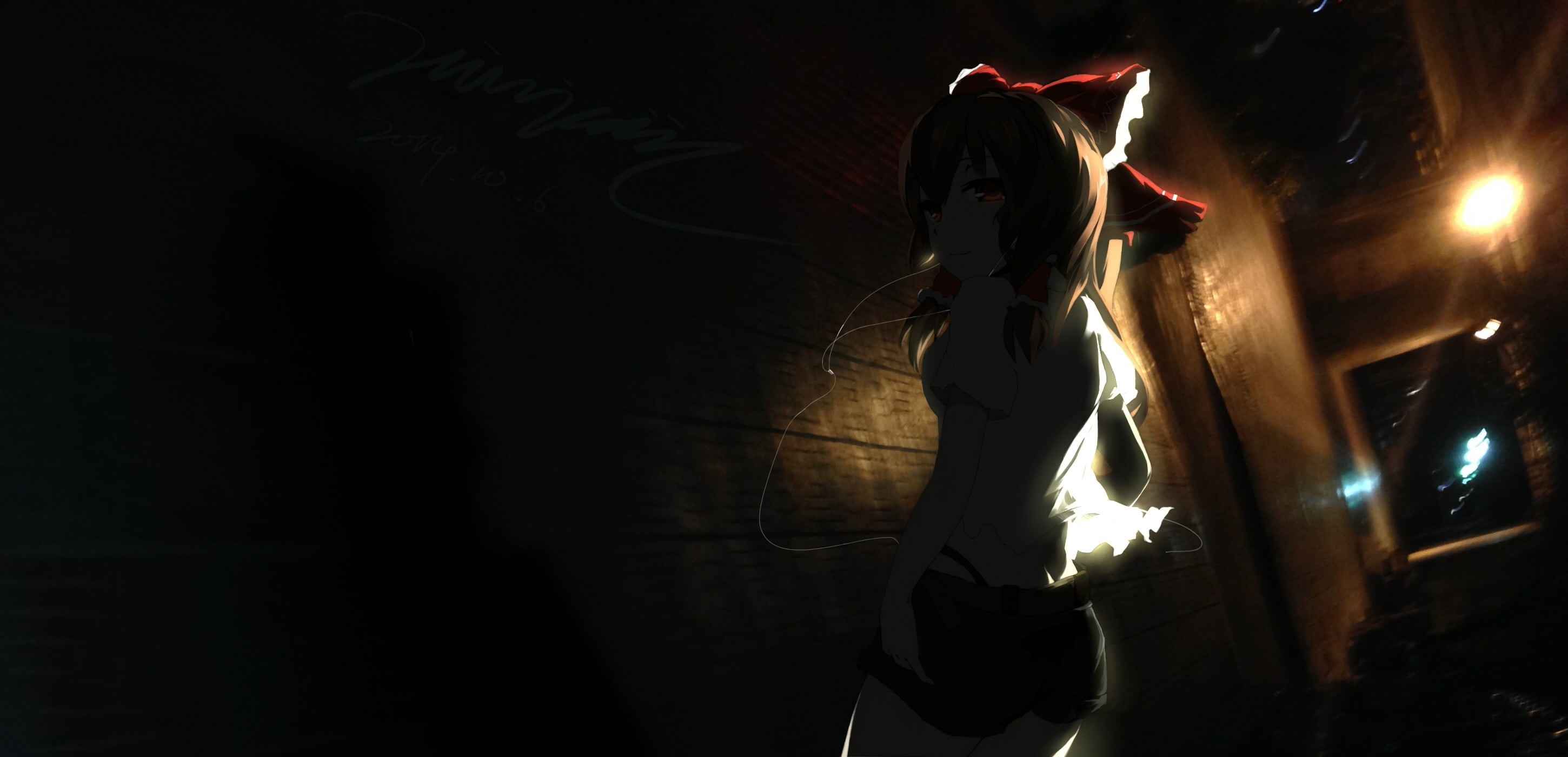 alternate outfit, dark, female, portrait, adult, brunette, real people, red eyes, looking at viewer, fashion, side view, 2K, earphones, illuminated, anime, HD Wallpaper