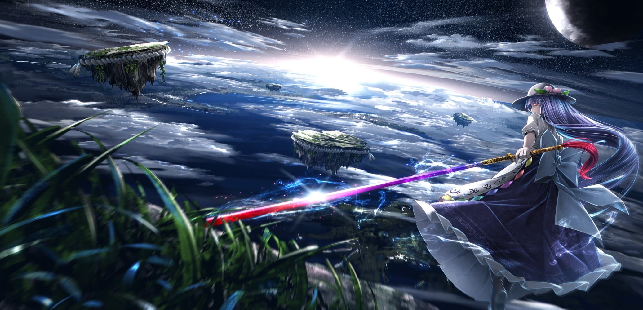 architecture, looking at viewer, sky, weapon, building exterior, built structure, sunbeam, Puffy Sleeves, Hinanawi Tenshi, illuminated, solo, Touhou, frills, HD Wallpaper
