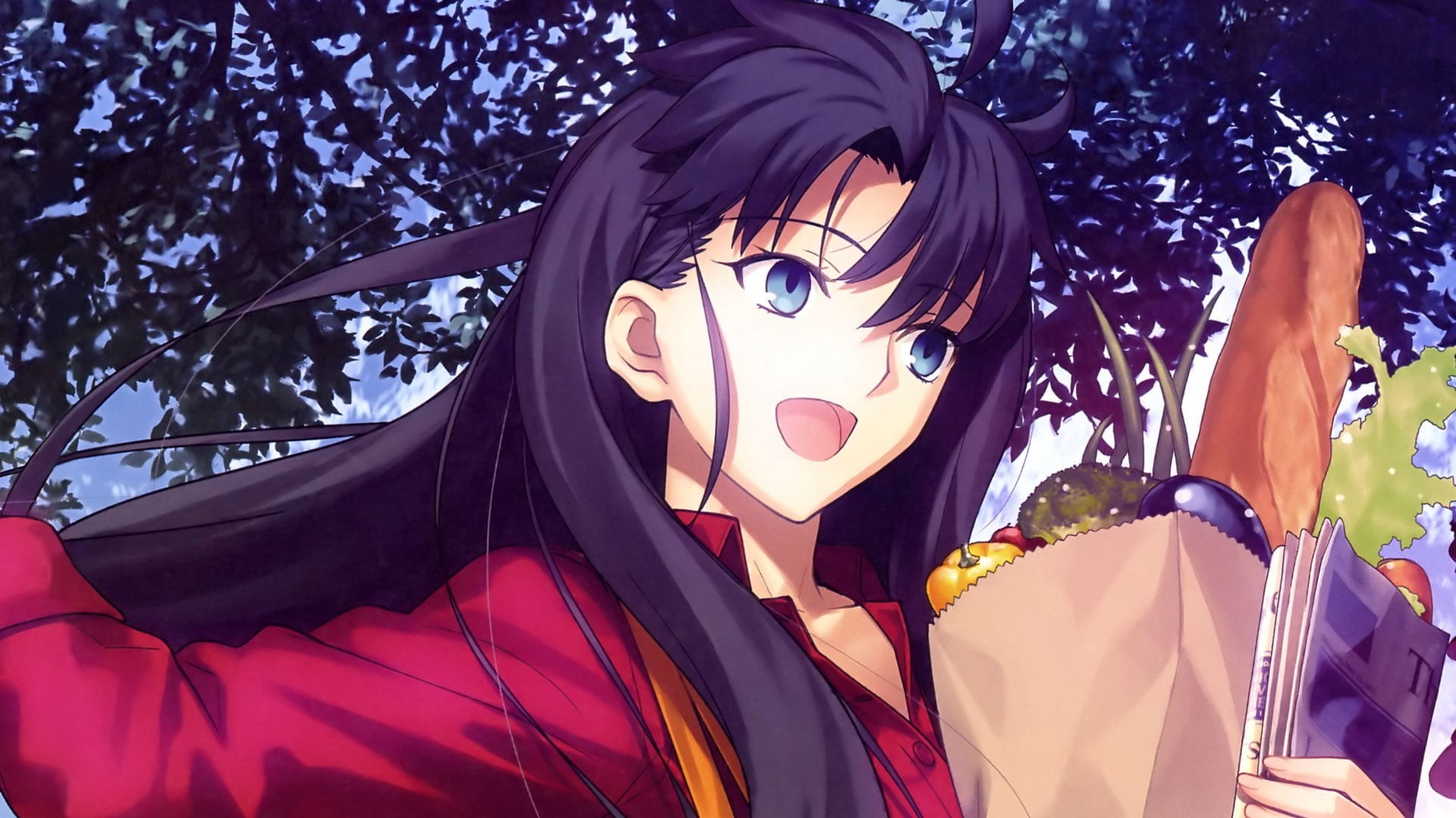 multi colored, Fate Series, looking away, tree, adult, looking, woman, solo, food, plant, anime girls, stay, open mouth, backgrounds, nature, HD Wallpaper