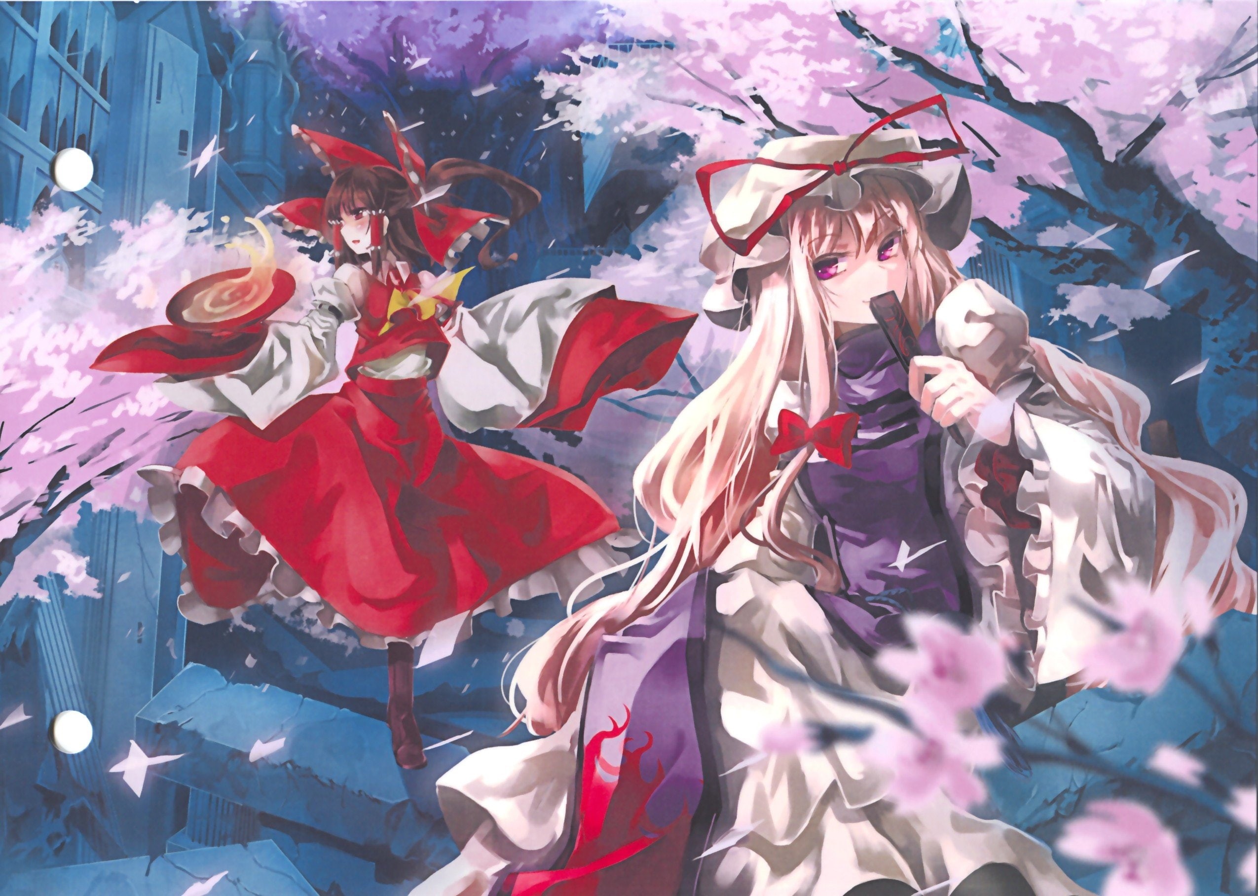 yukari, flowers, trees, 1080P, open, eyes, pillars, petals, hakurei, pink, yakumo, bows, red, outdoors, blush, sake, long, blossoms, touhou, hair, skirts, HD Wallpaper