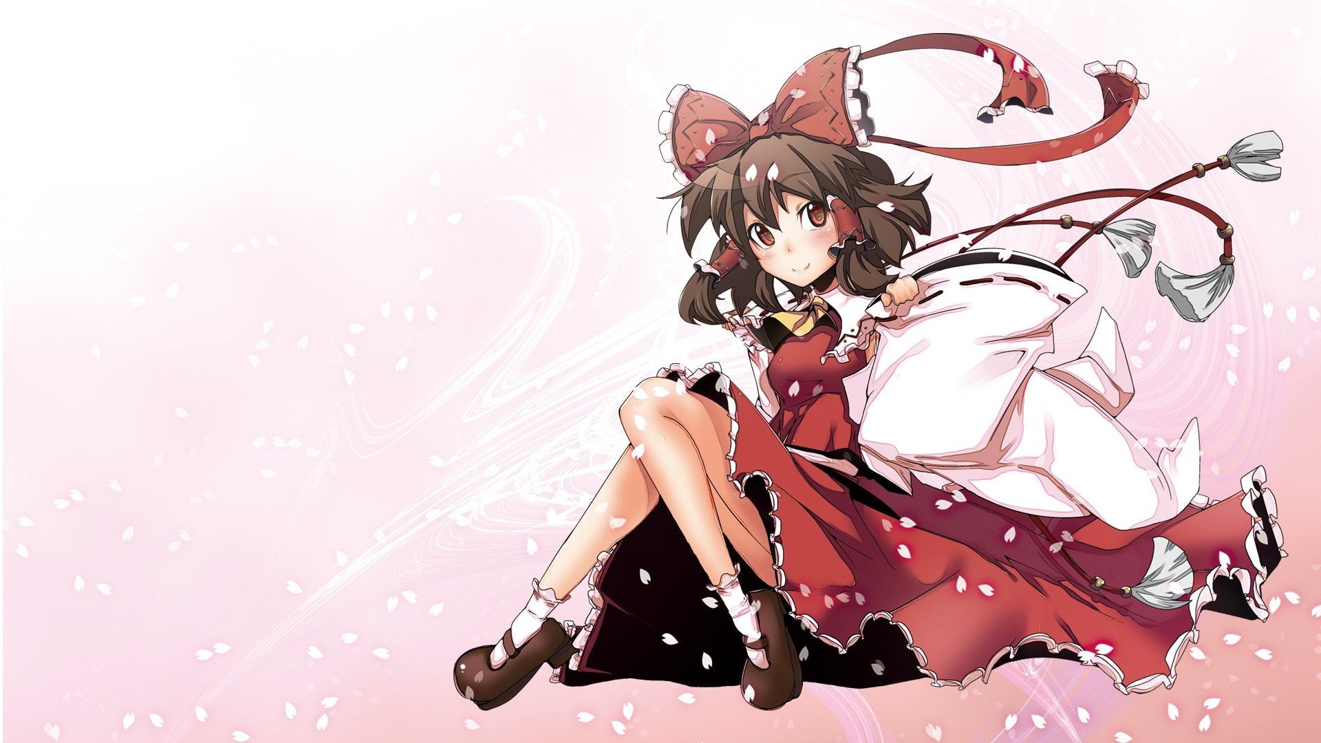 hair, 1080P, wind, touhou, brunettes, reimu, maiden, sleeves, red, petals, short, sitting, detached, eyes, hakurei, flower, ribbons, socks, smiling, shrine, HD Wallpaper