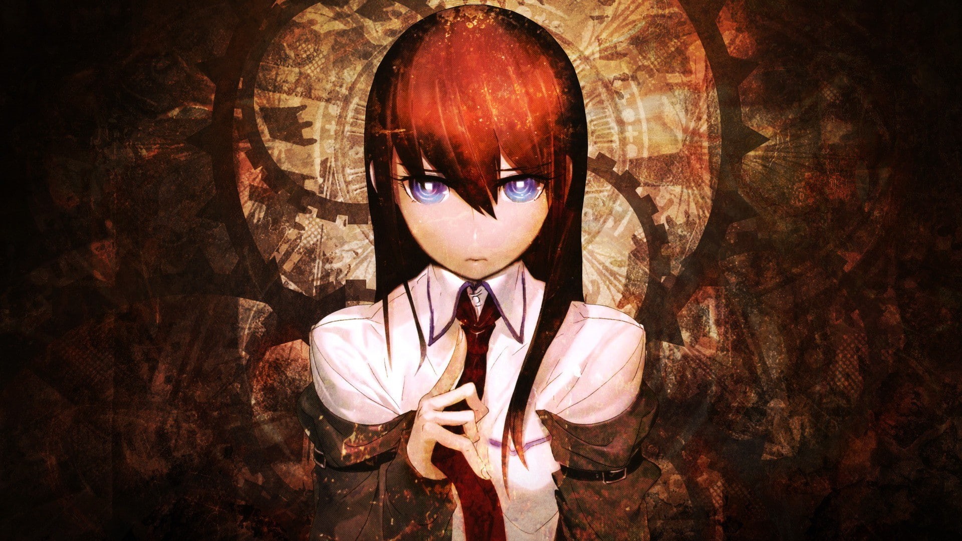 Steins;Gate, tie, 1080P, redhead, white shirt, blue eyes, Makise Kurisu, anime, anime girls, HD Wallpaper