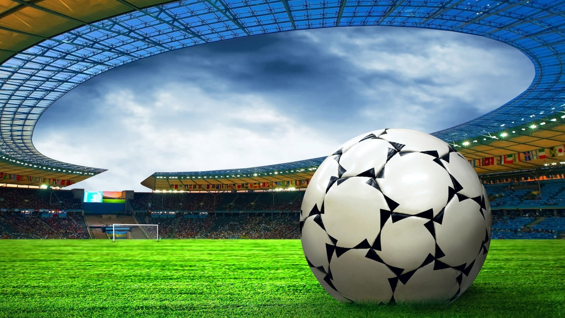 architecture, soccer, team sport, floodlit, ball, no people, sports equipment, play, competition, flag, 1080P, green color, playing field, world, stadium, HD Wallpaper